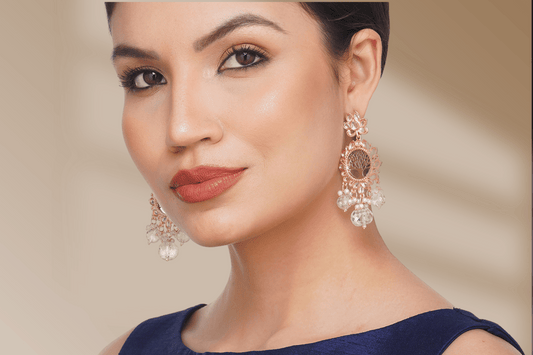 rose gold kundan transparent pearl long earrings