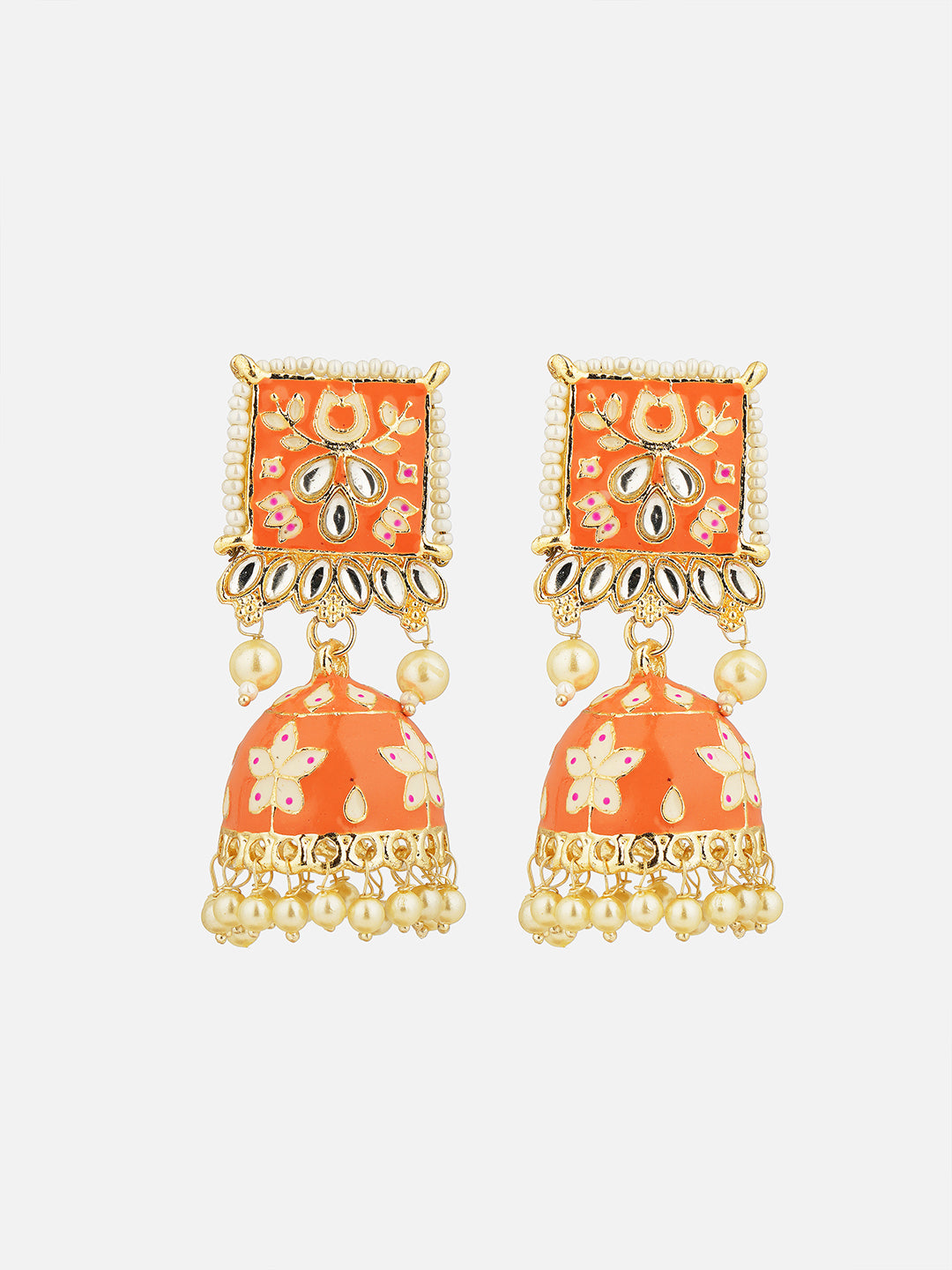 minakari peach jhumka earrings front view