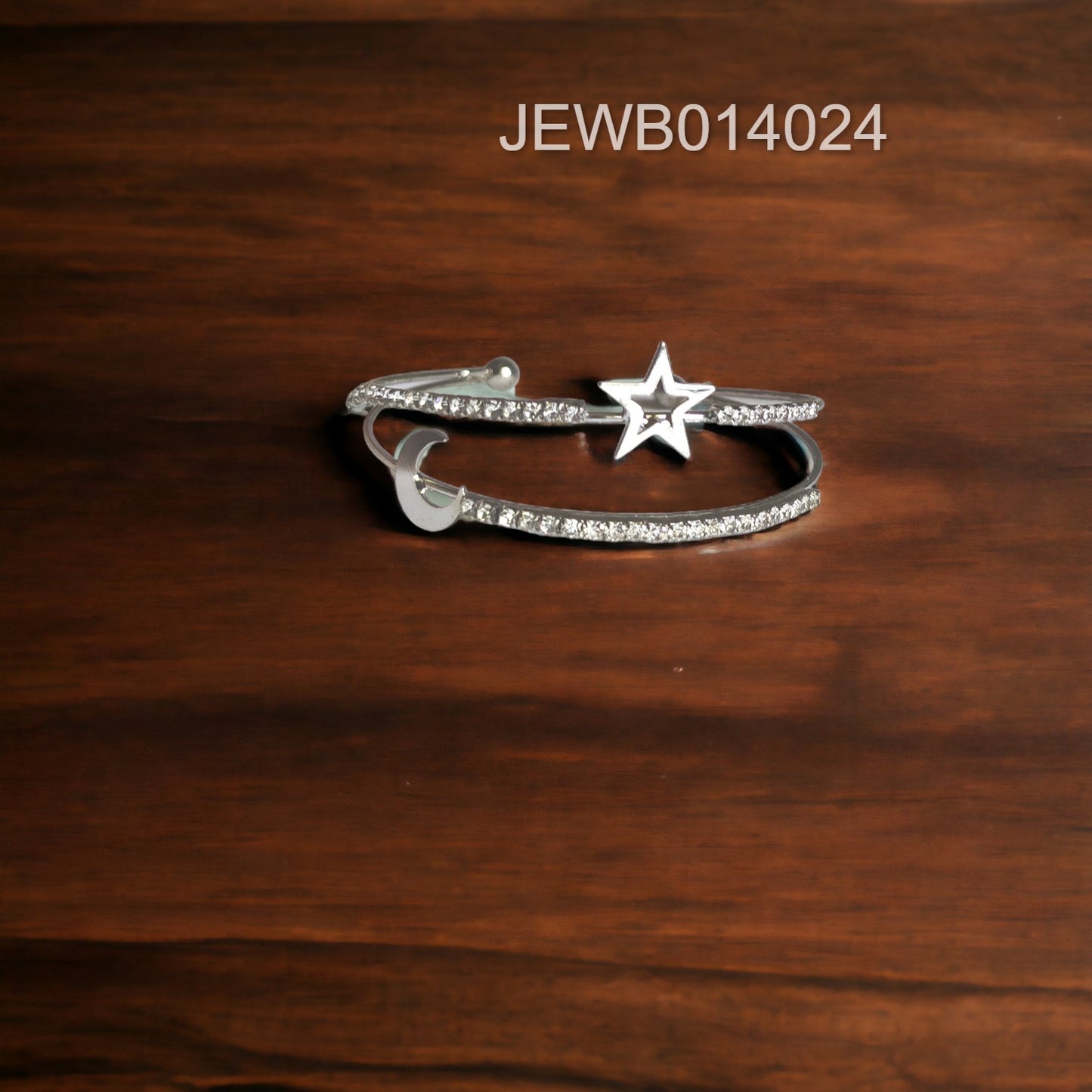 silver moon star bracelet wooden background