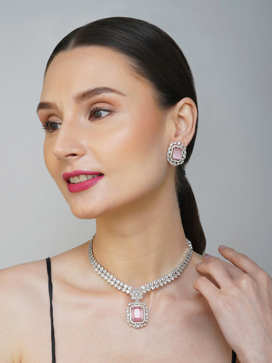 pink stone american diamond necklace set model side view