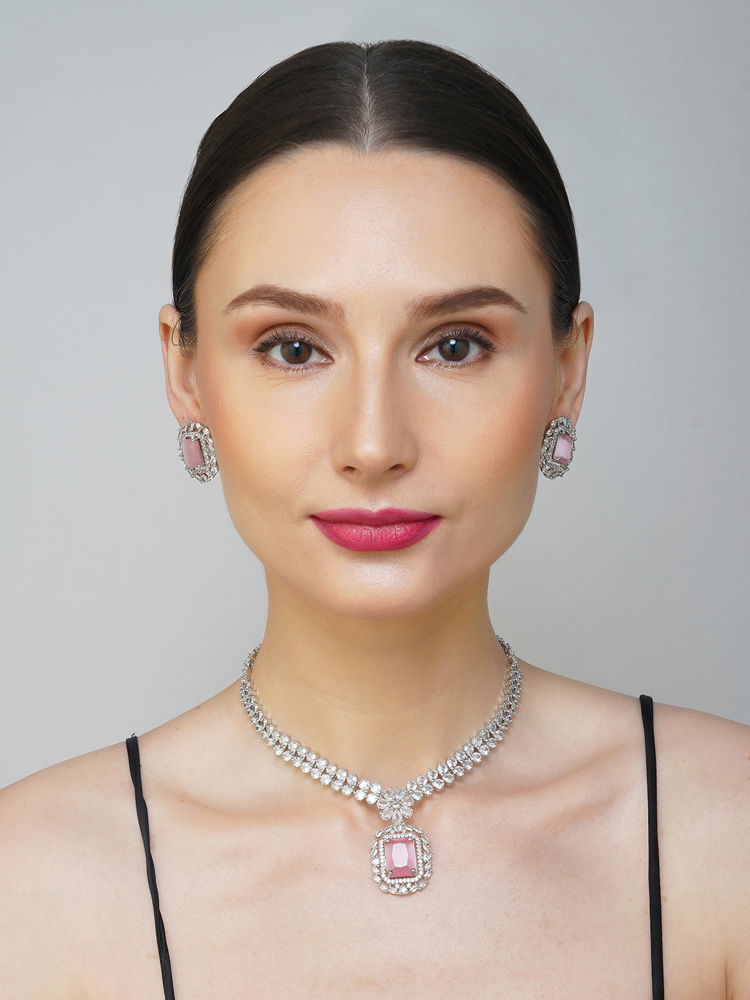 pink stone american diamond necklace set model front view