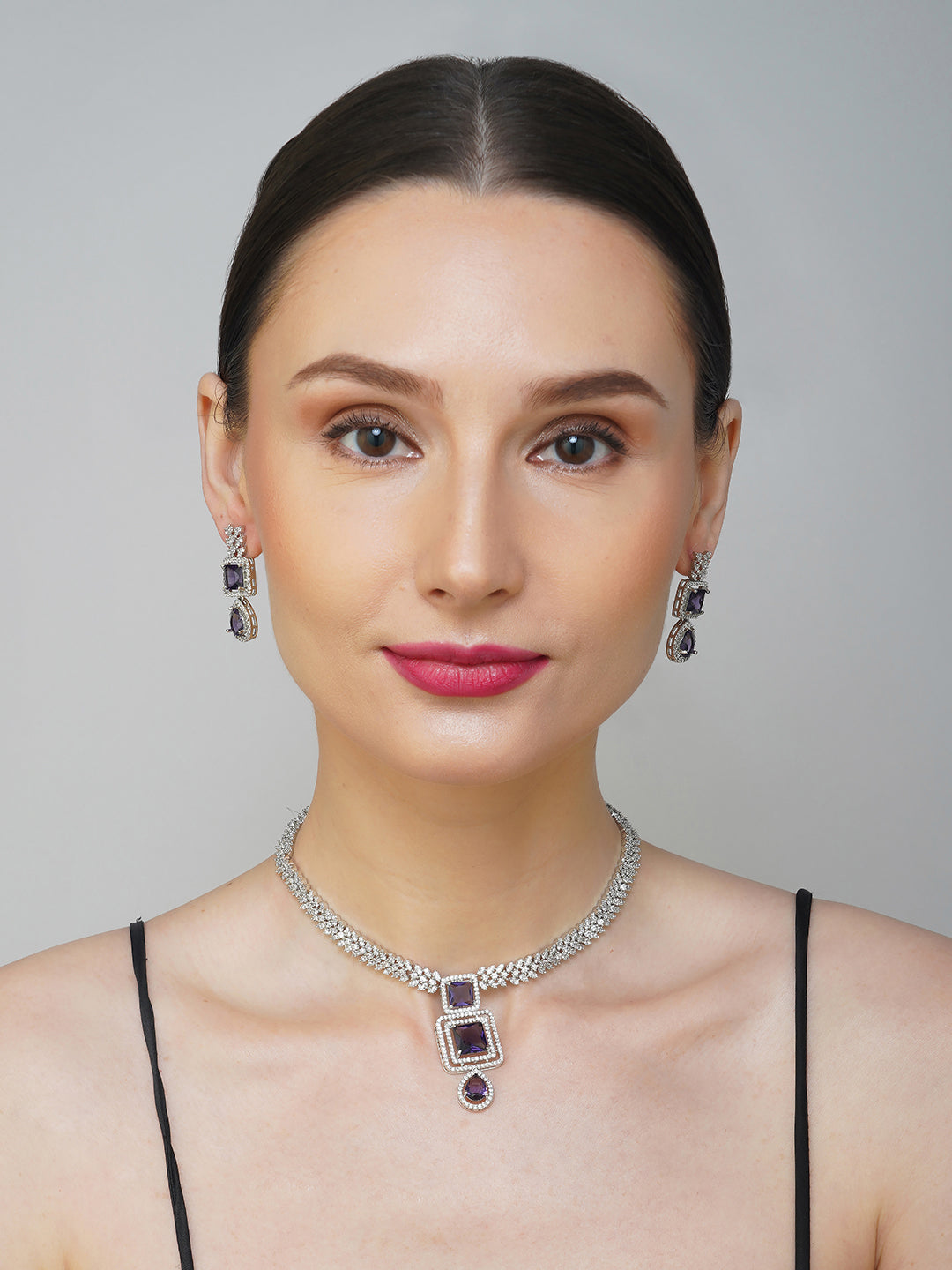 purple american diamond necklace model front view