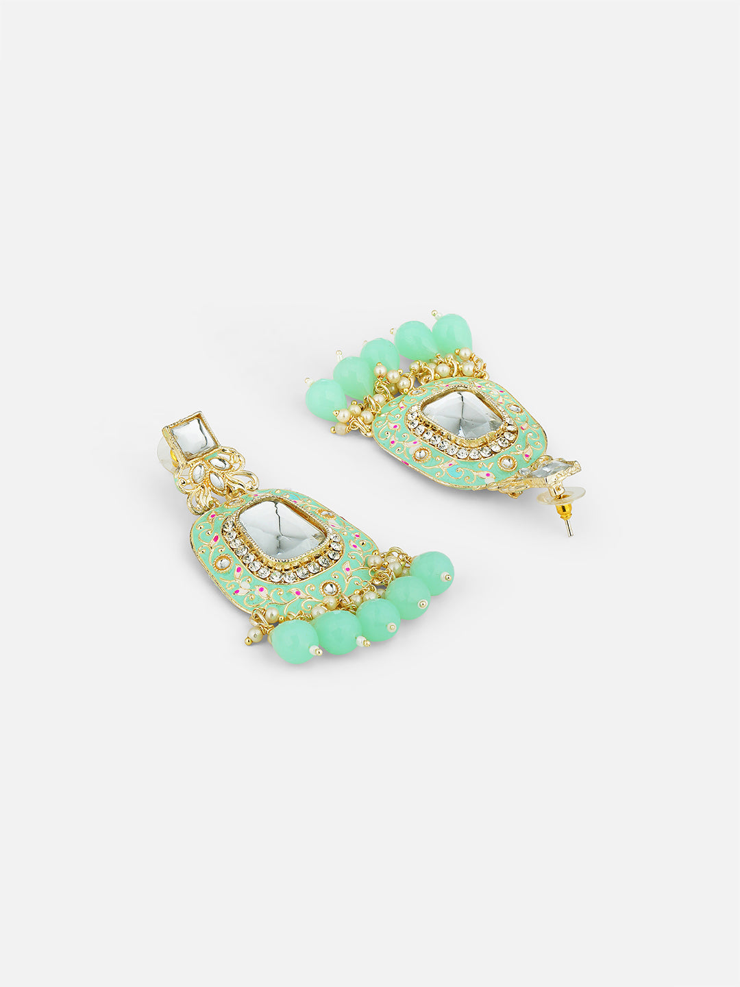 green kundan minakari long earring lower view