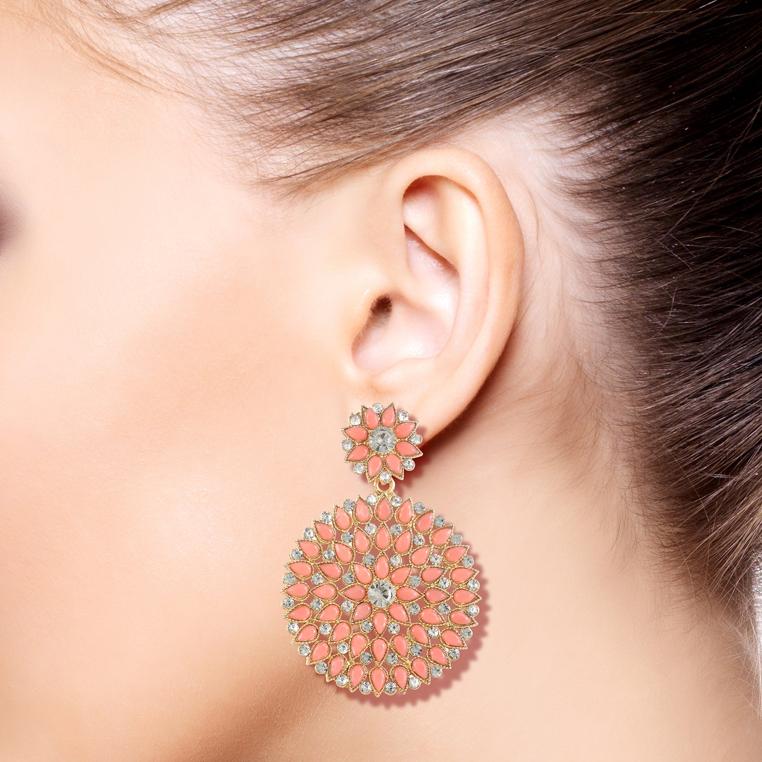 peach stones studded earrings for women model pic