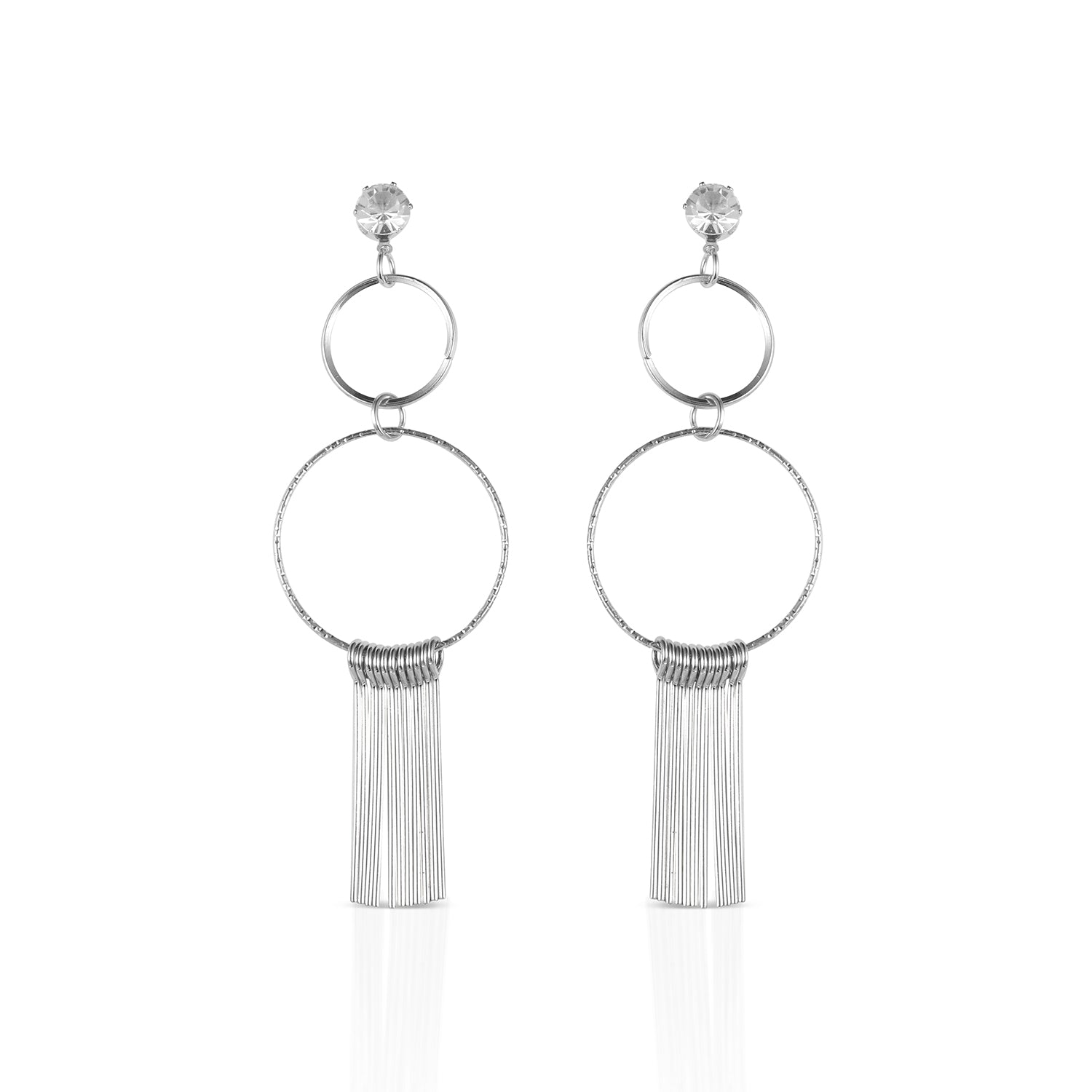 silver fringed dangle earrings front view