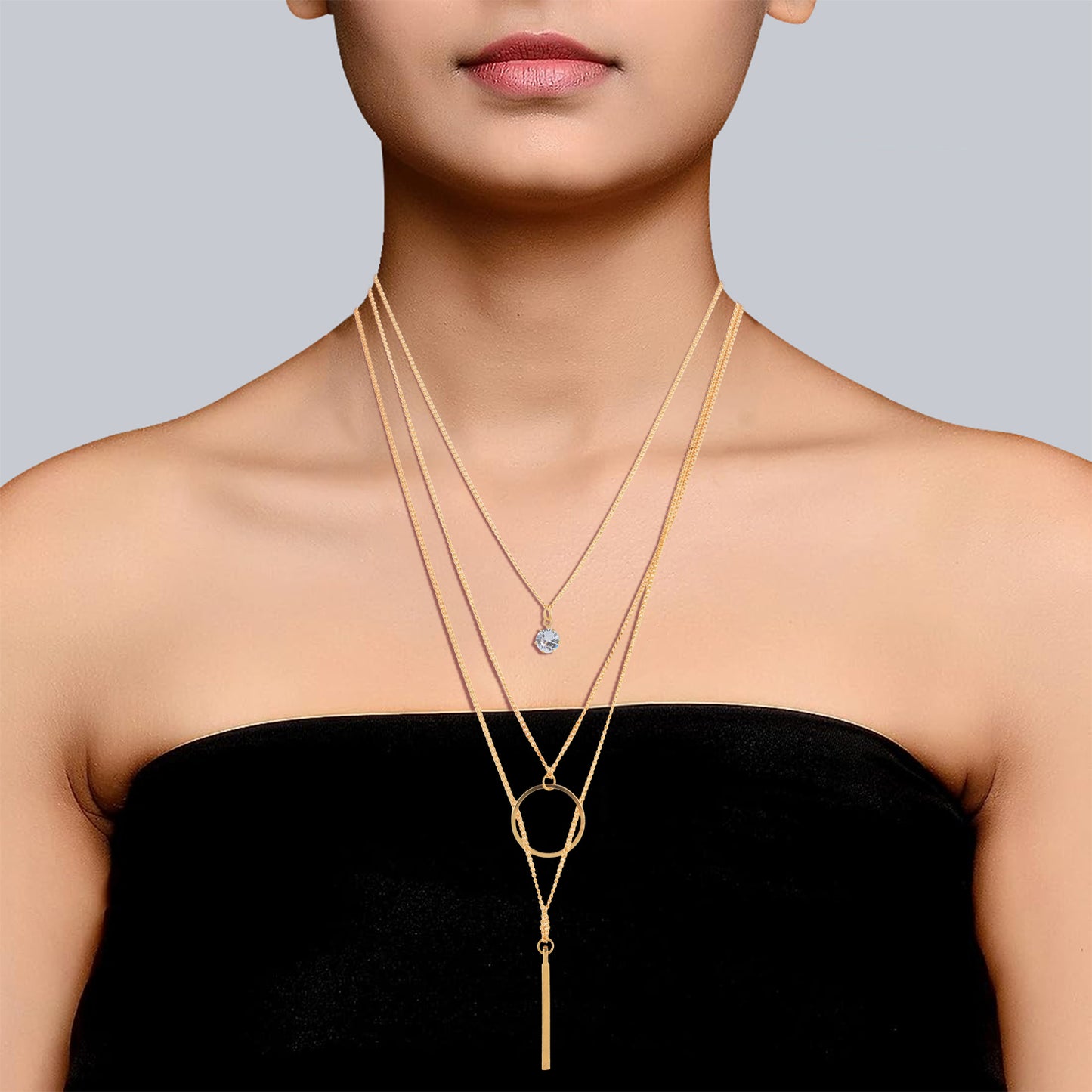 three layered chain necklace for girls  model pic