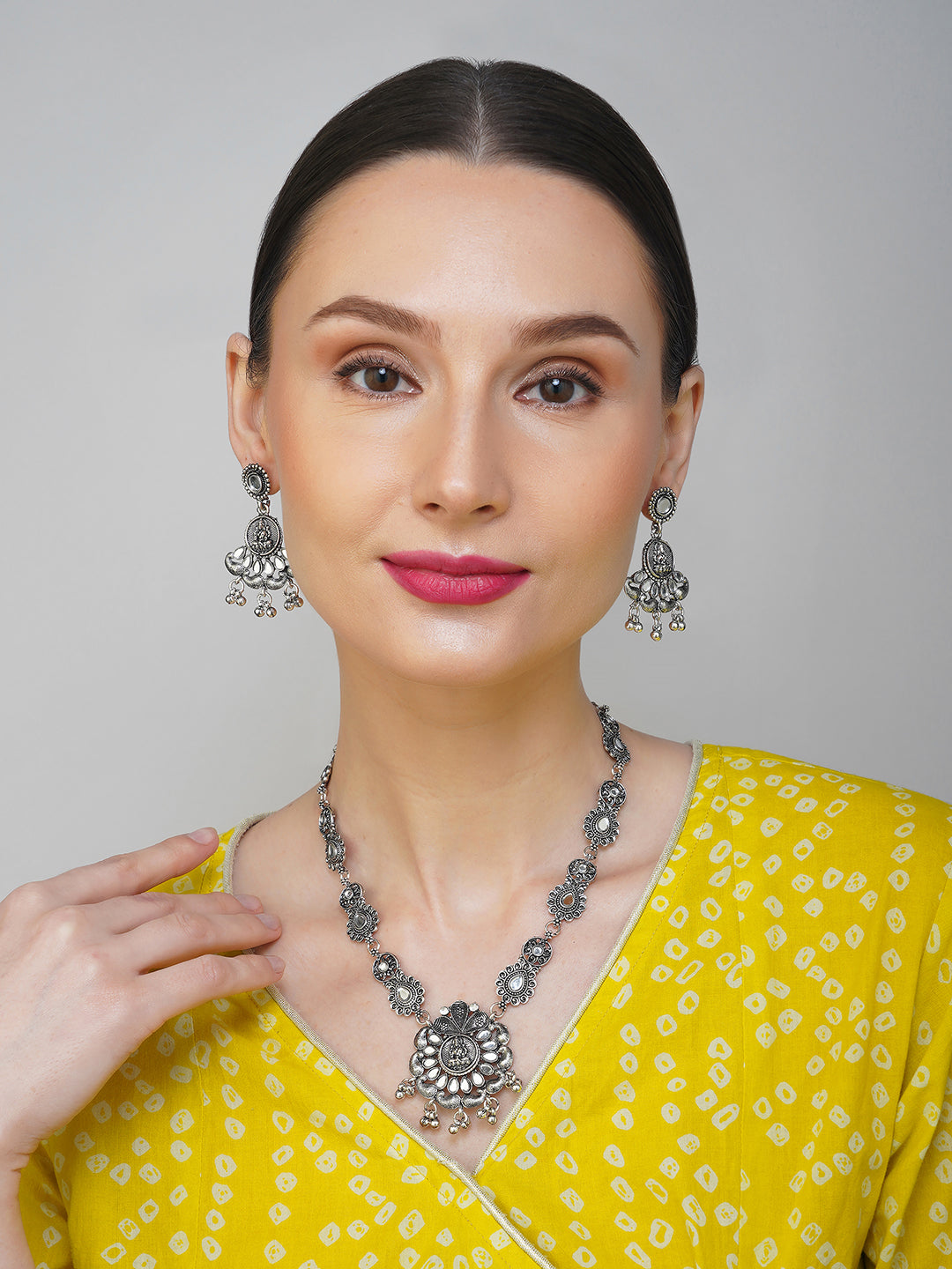 goddess lakshmi oxidised necklace set for women model front view