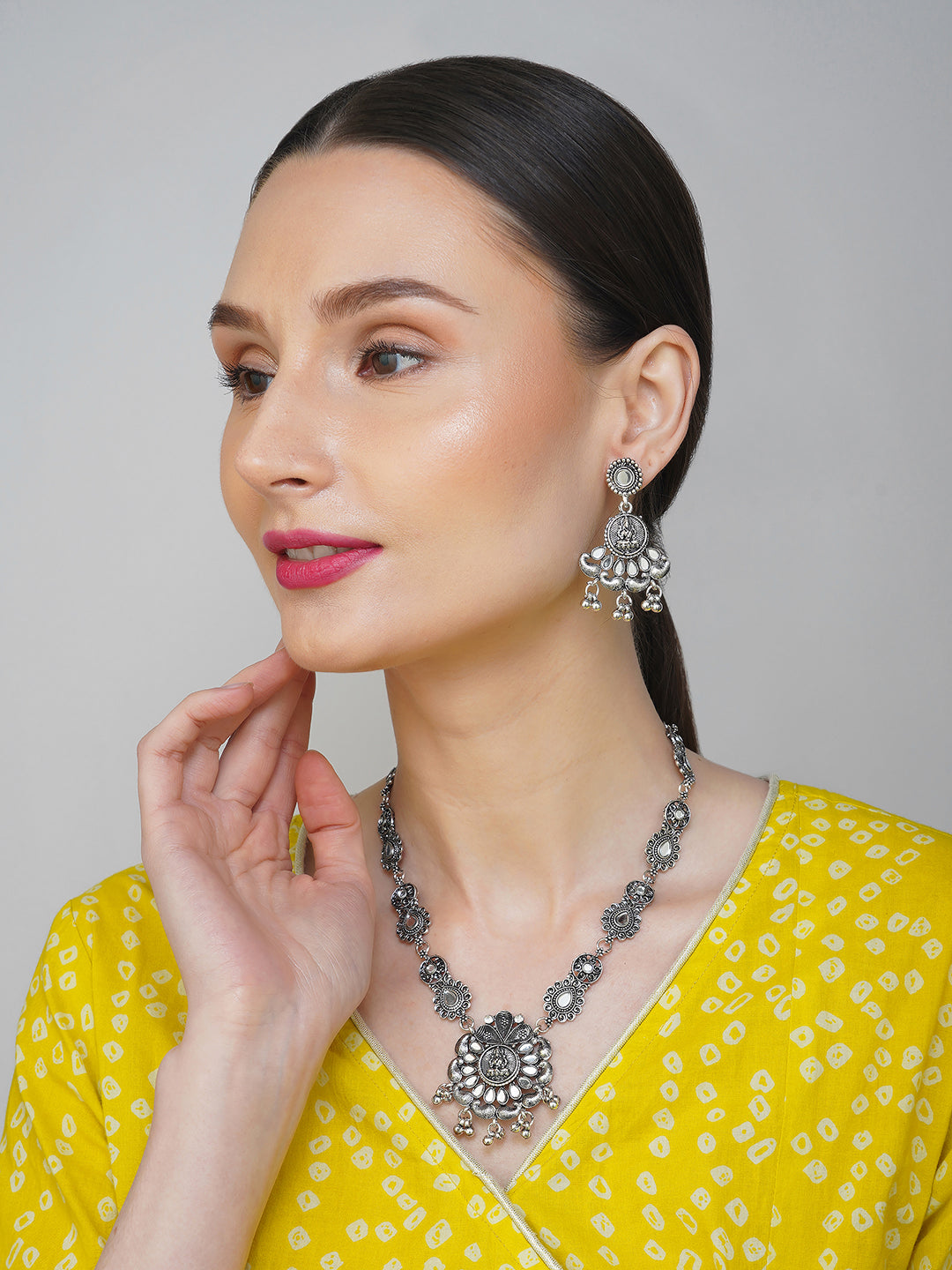 goddess lakshmi oxidised necklace set for women model side view