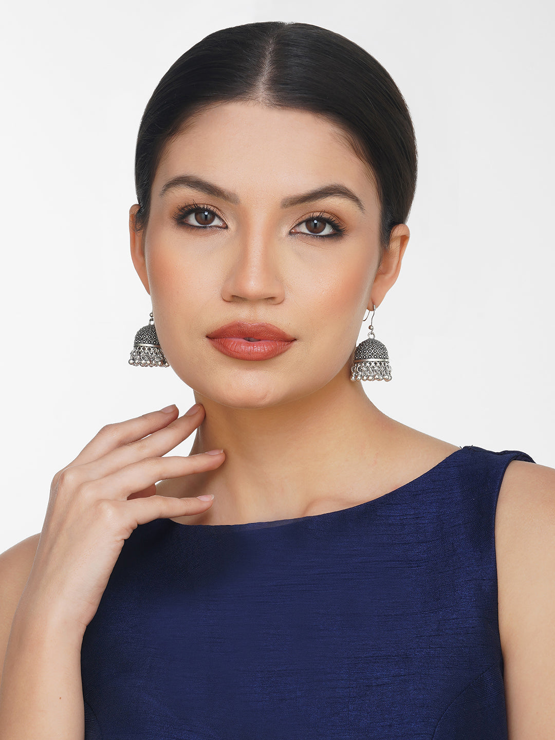 oxidised hook jhumka earring  model front view