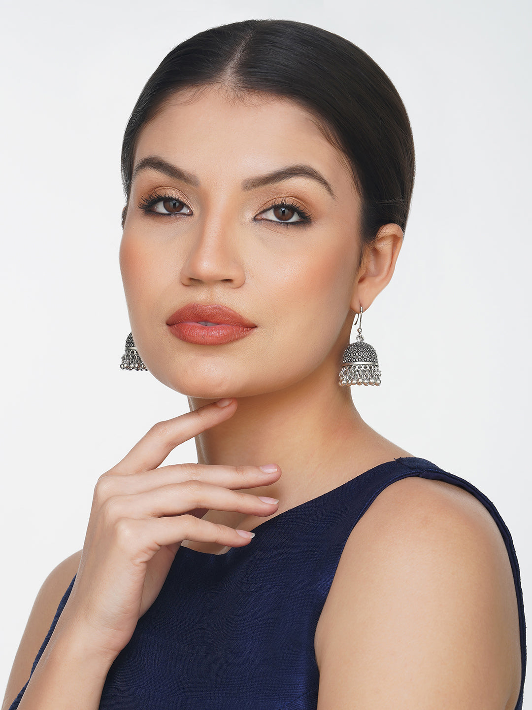 oxidised hook jhumka earring model side view