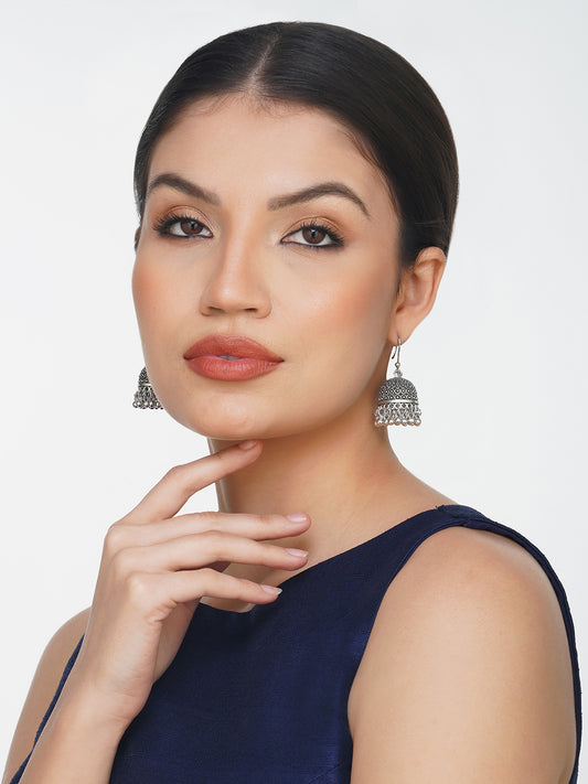 oxidised hook jhumka earring model side view