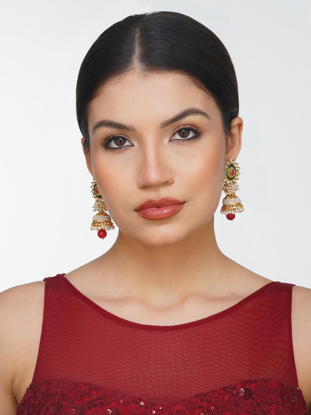 red and green pearl jhumka model front view