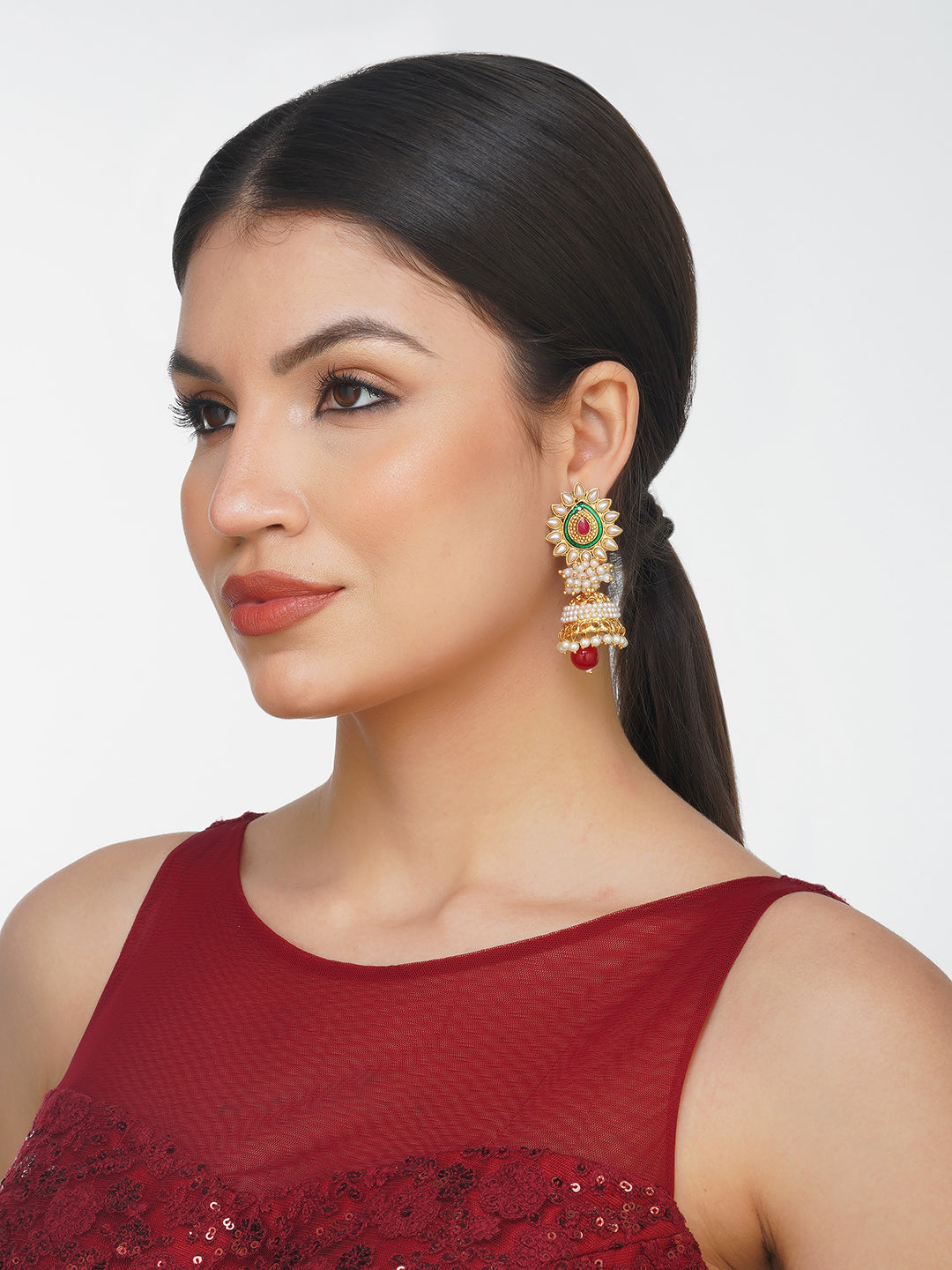 Traditional Gold Plated Red And Green Pearl Jhumka Clustertrend Traditional Gold Plated Red And Green Pearl Jhumka Clustertrend