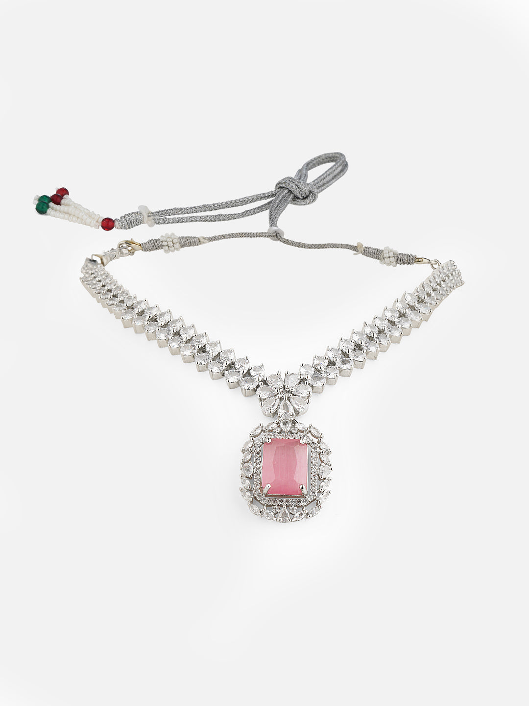 pink stone american diamond necklace set front view