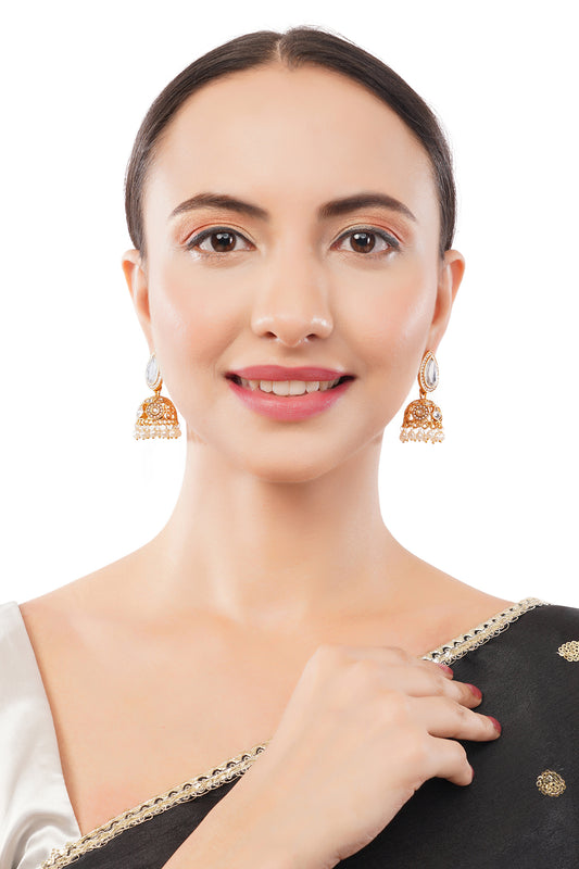 Gold Plated Kundan White Pearl Jhumka Earrings