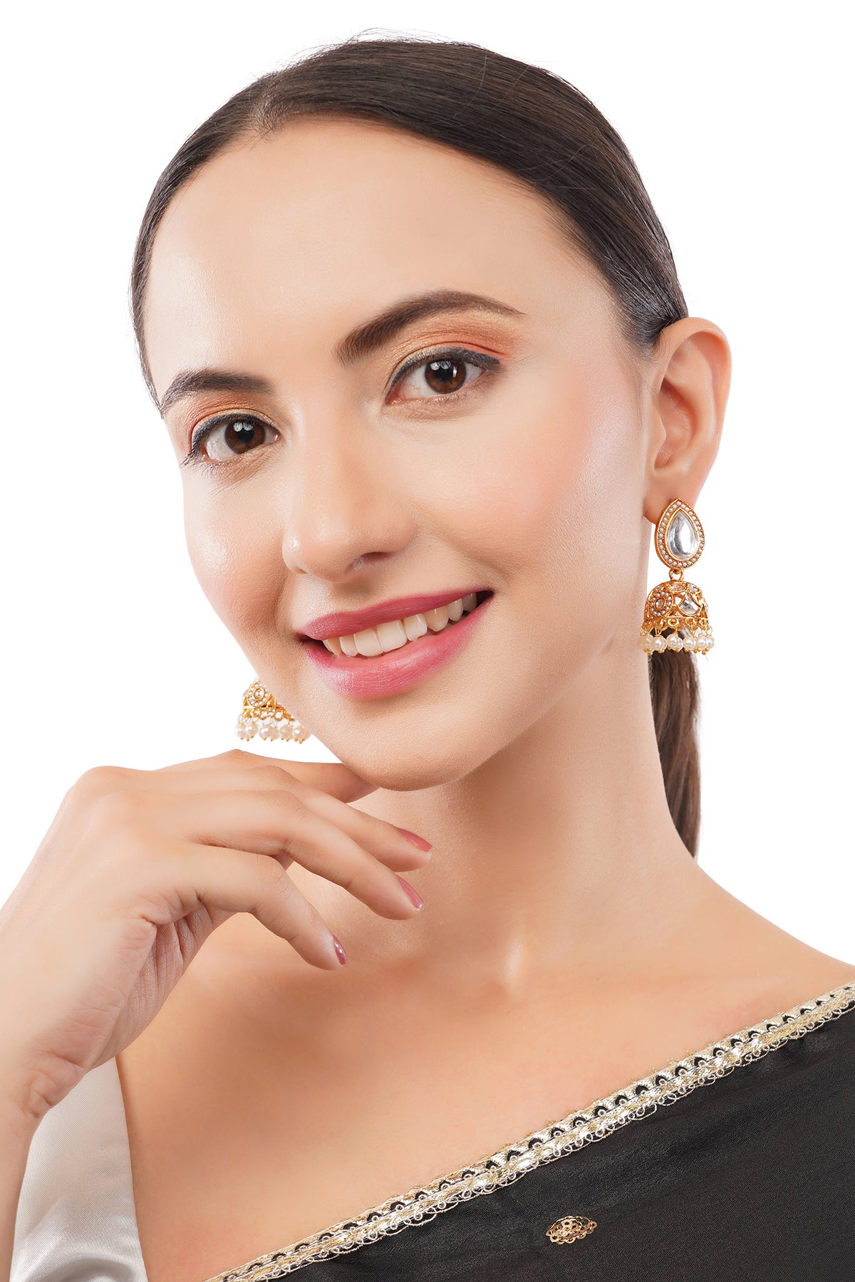 Gold Plated Kundan White Pearl Jhumka Earrings