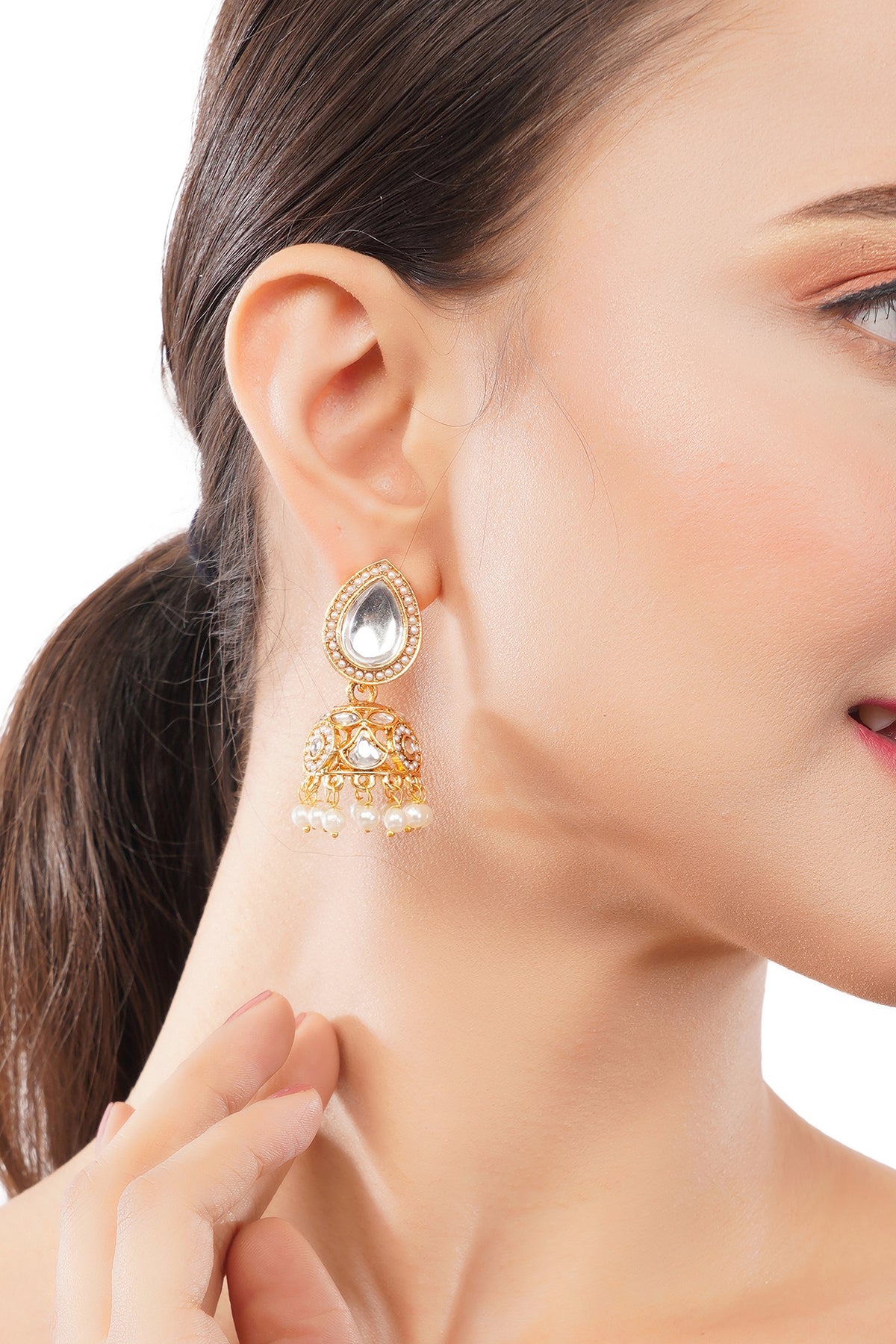 Gold Plated Kundan White Pearl Jhumka Earrings