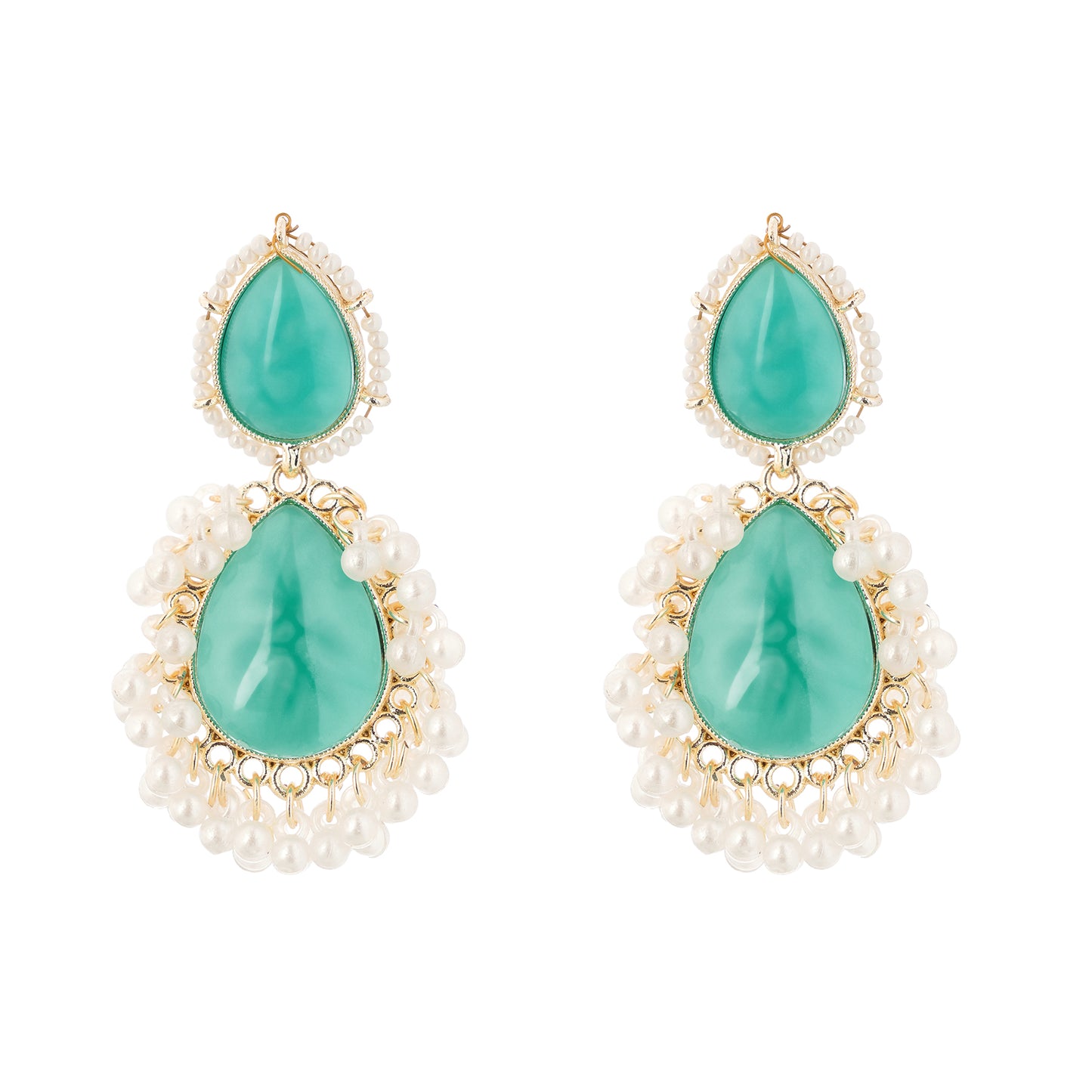 Clustertrend Gold Plated Aqua Green Embedded White Pearl Earrings