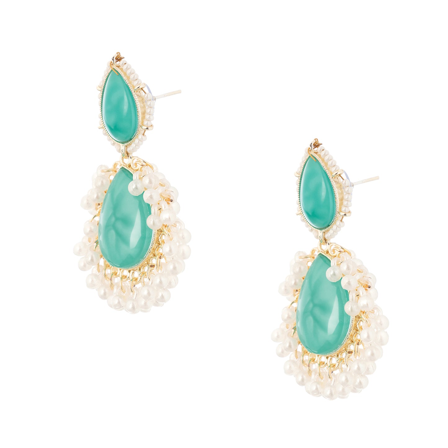 Clustertrend Gold Plated Aqua Green Embedded White Pearl Earrings