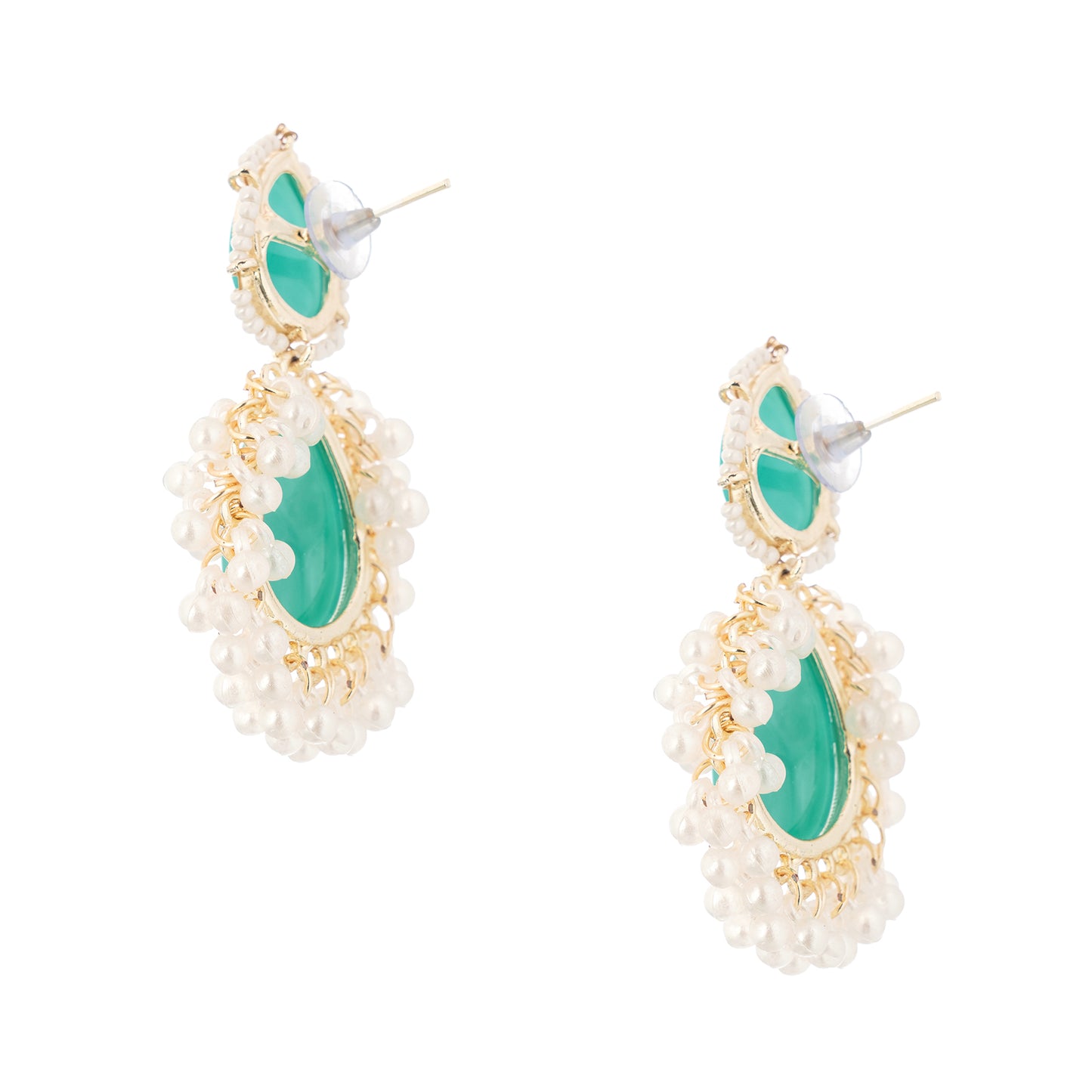 Clustertrend Gold Plated Aqua Green Embedded White Pearl Earrings