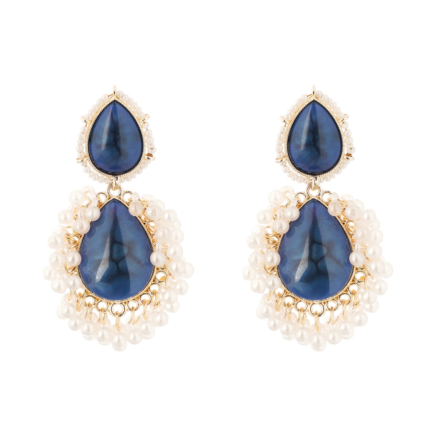 Gold Plated Crystal Blue Pearl Teardrop Earrings For Women