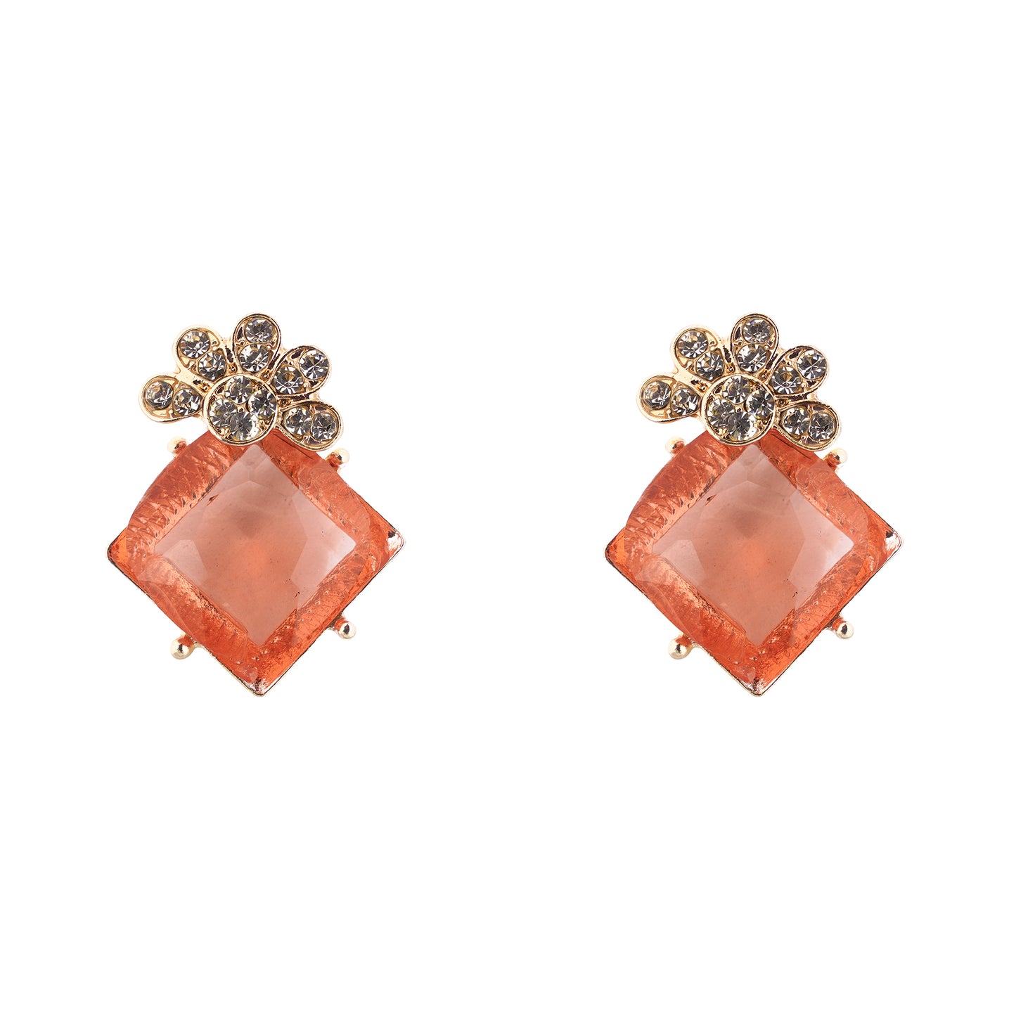 Gold Plated Crystal Peach Stone Diamond Earrings