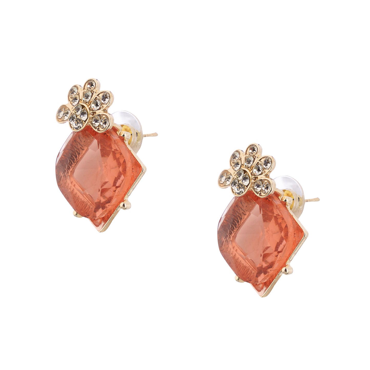 Gold Plated Crystal Peach Stone Diamond Earrings