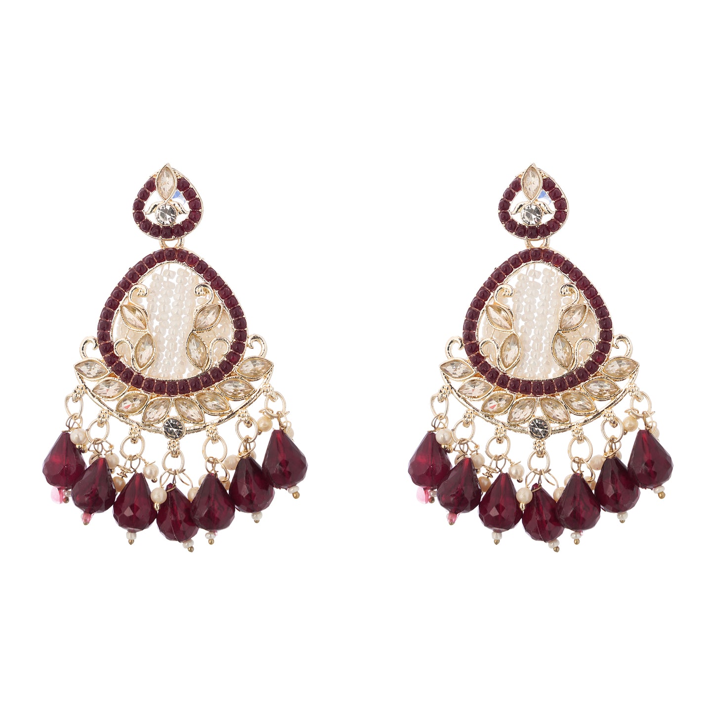 Clustertrend Gold Plated Maroon And White Pearl Earrings For Women