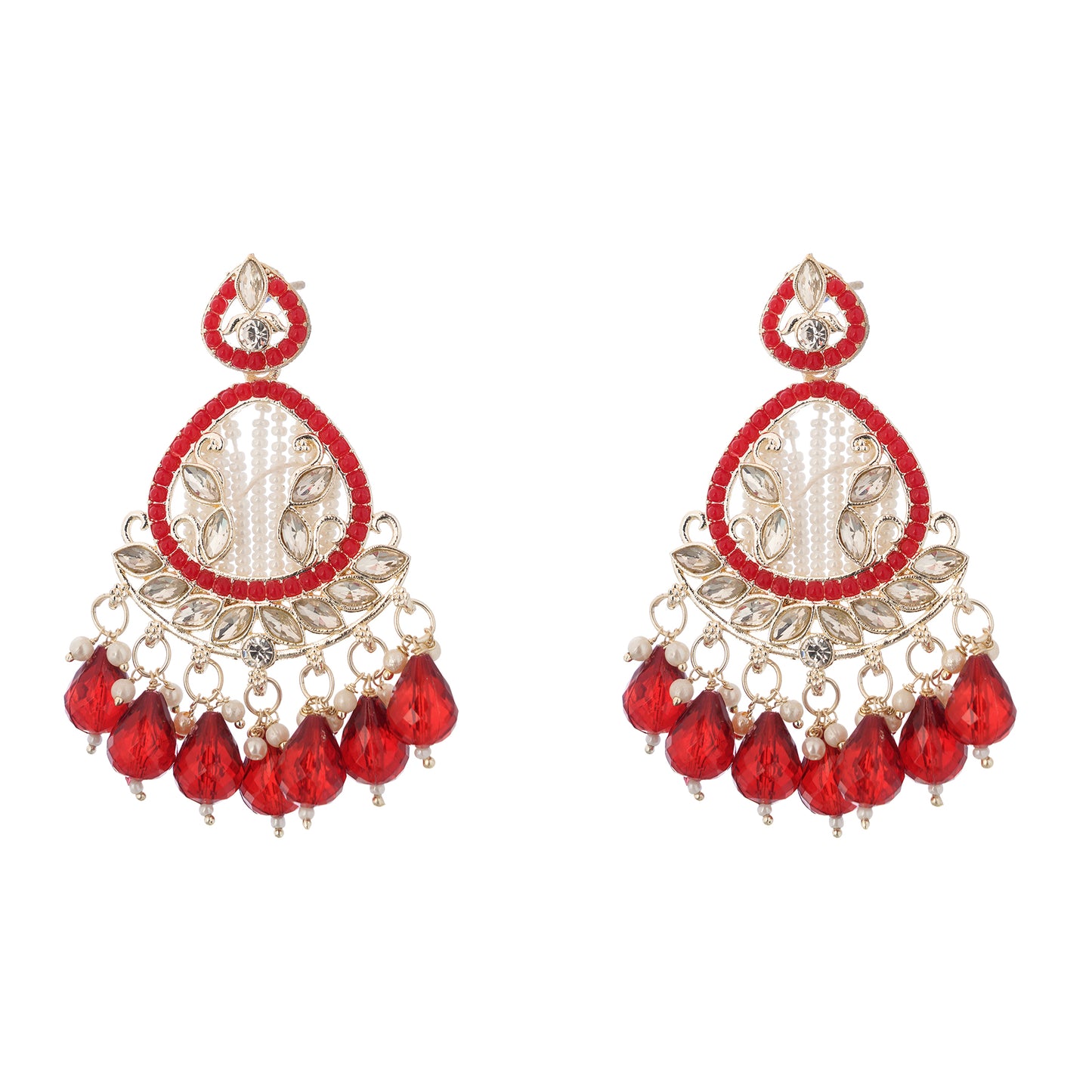 Elegant Gold Plated Red and White Peal Drop Earrings