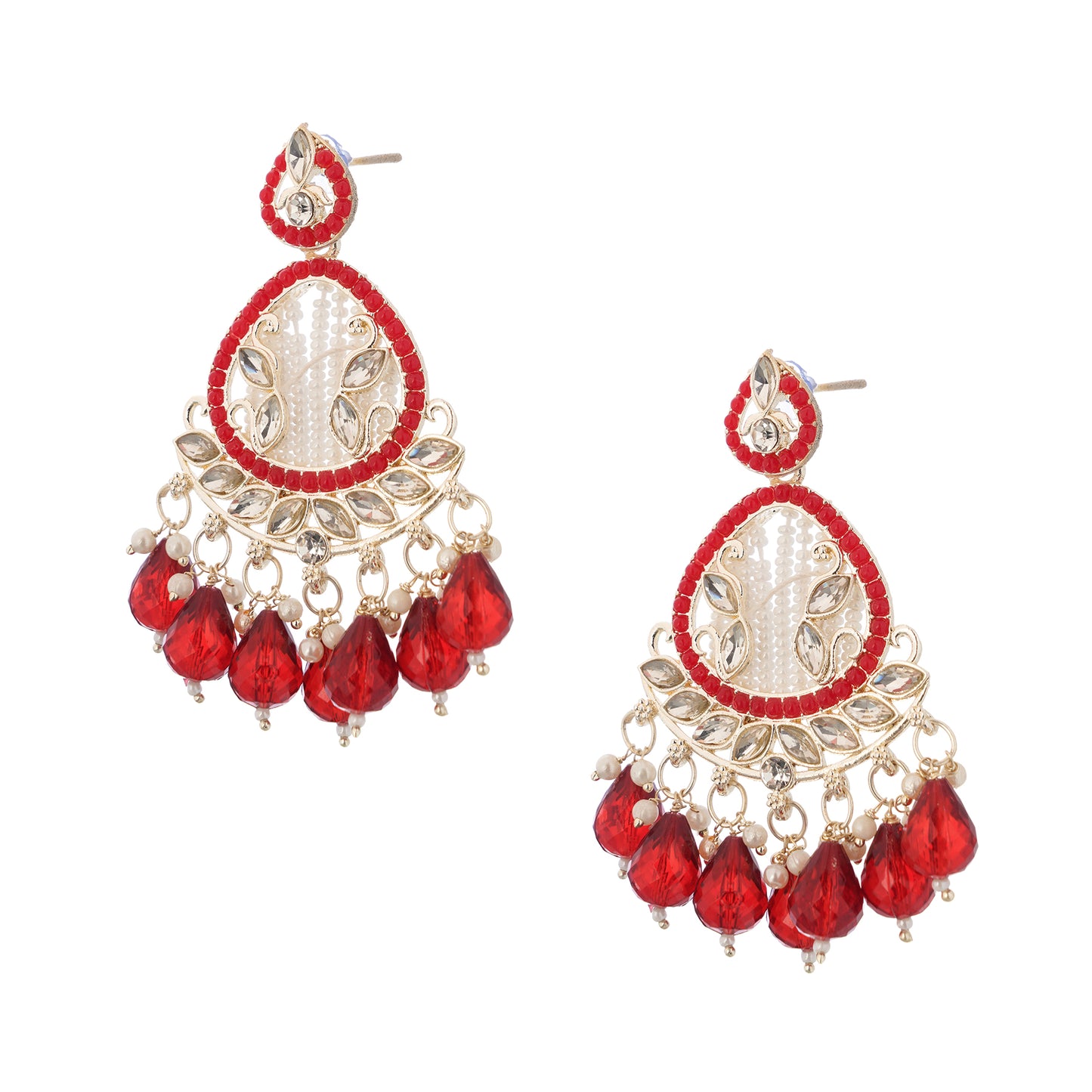 Elegant Gold Plated Red and White Peal Drop Earrings