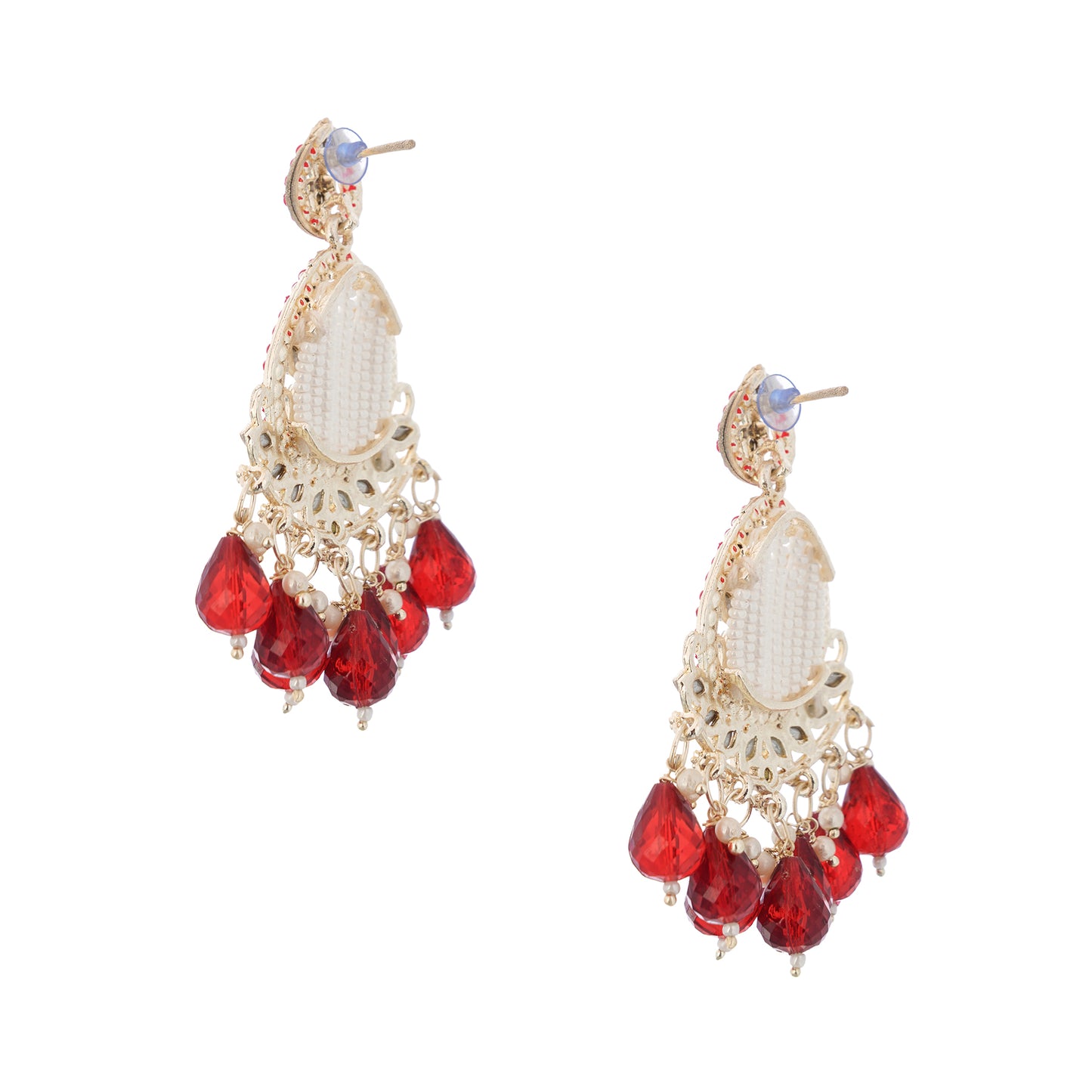 Elegant Gold Plated Red and White Peal Drop Earrings