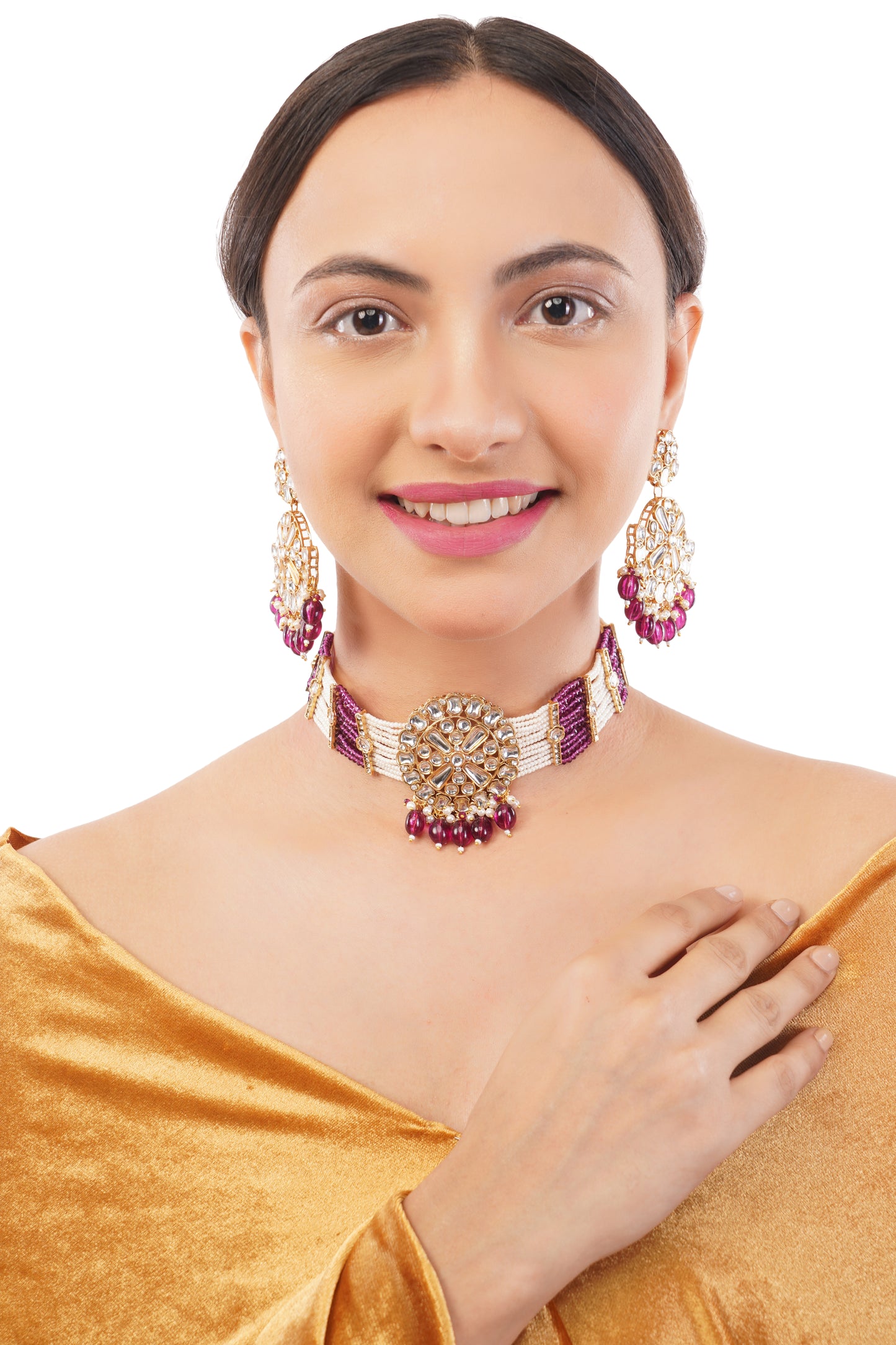 Gold Pleated Ruby Kundan Pearl Bedded Necklace And Earrings Set