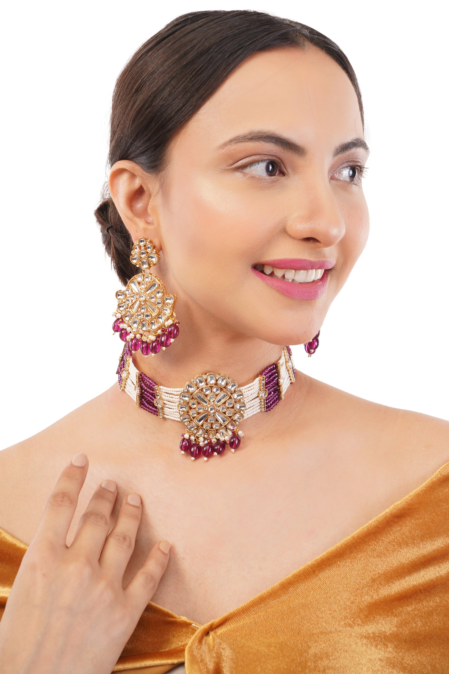 Gold Pleated Ruby Kundan Pearl Bedded Necklace And Earrings Set