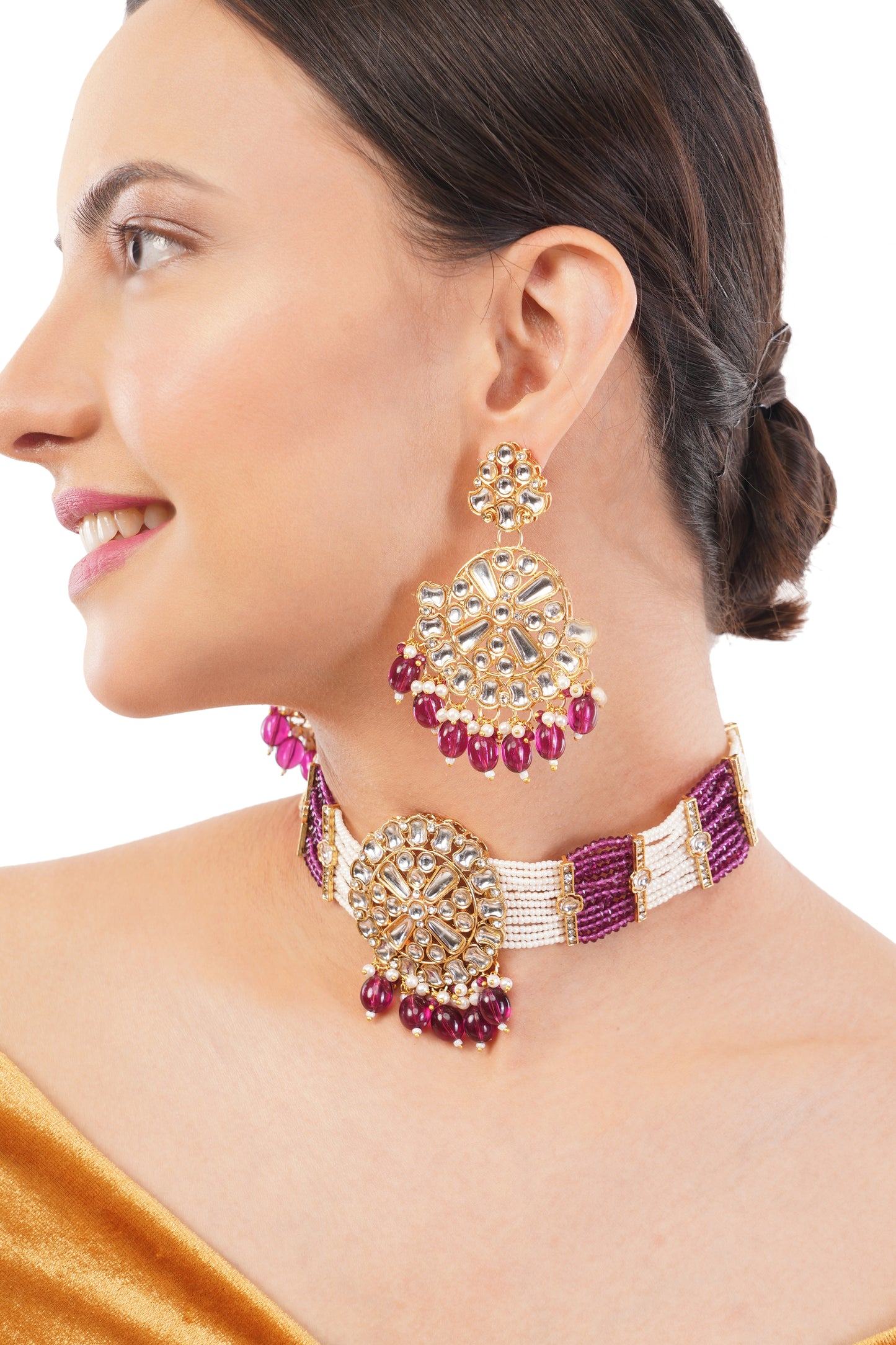 Gold Pleated Ruby Kundan Pearl Bedded Necklace And Earrings Set