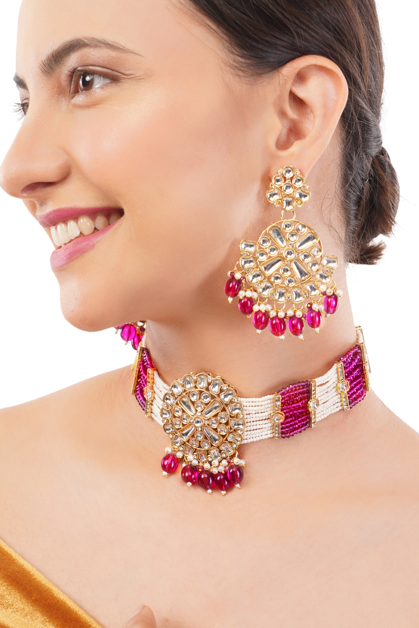 Ruby Pearl Beadded Kundan Choker Necklace Set For Women