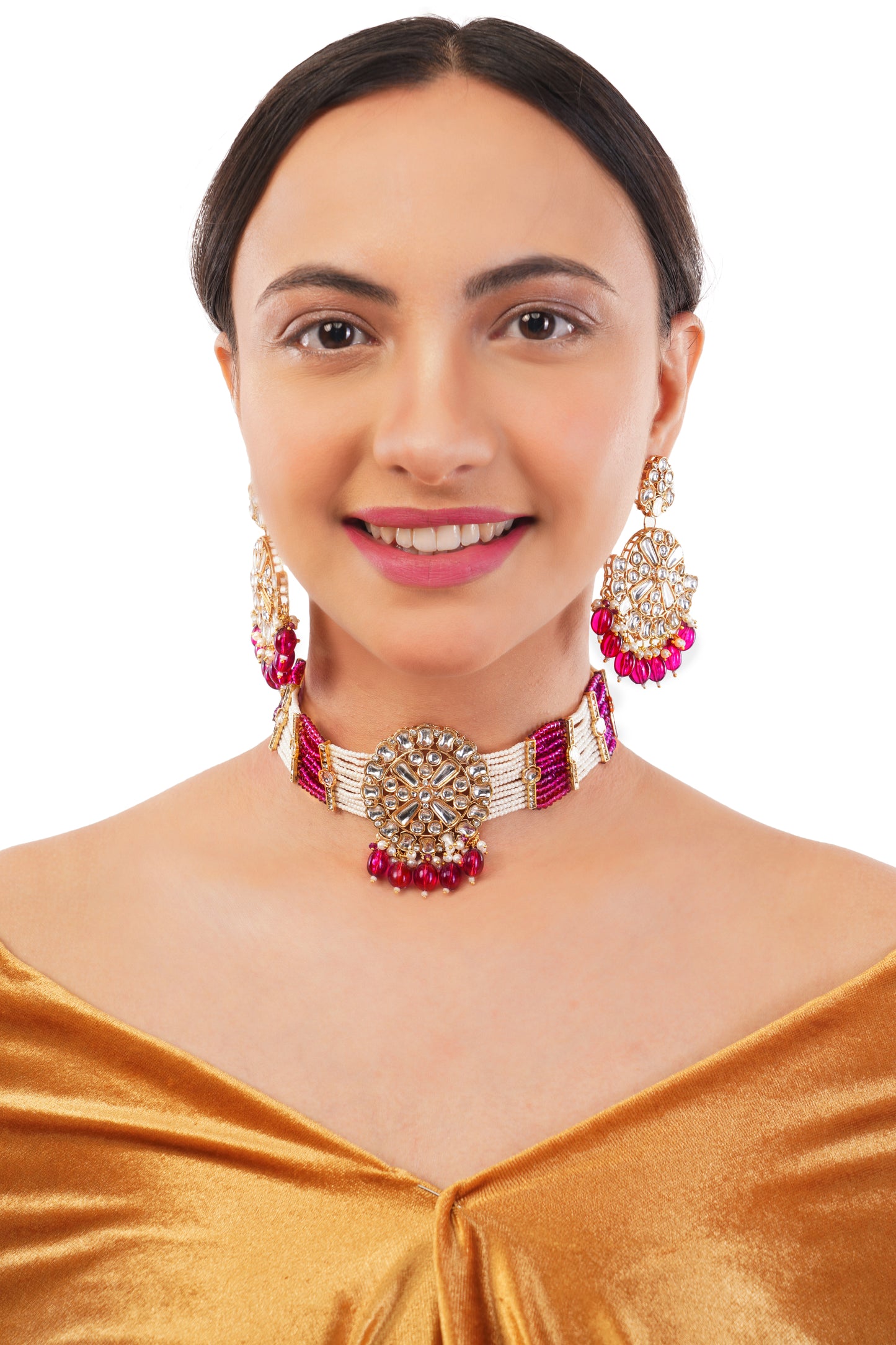 Ruby Pearl Beadded Kundan Choker Necklace Set For Women