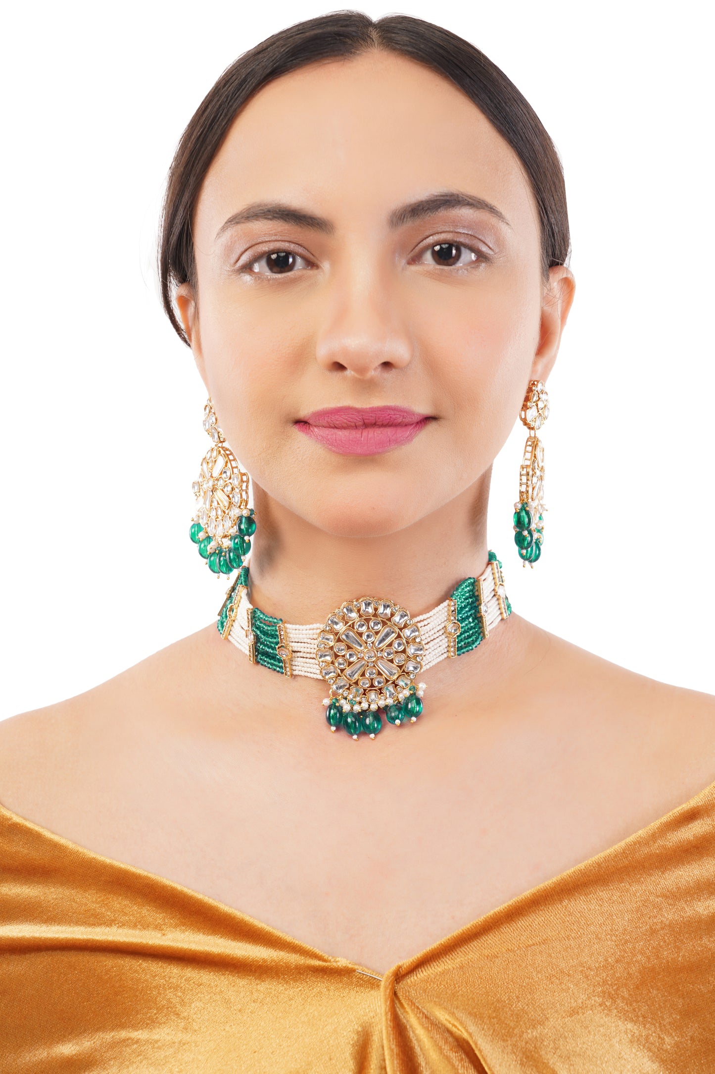 Traditional Green Kundan Necklace And Earrings Set For Women