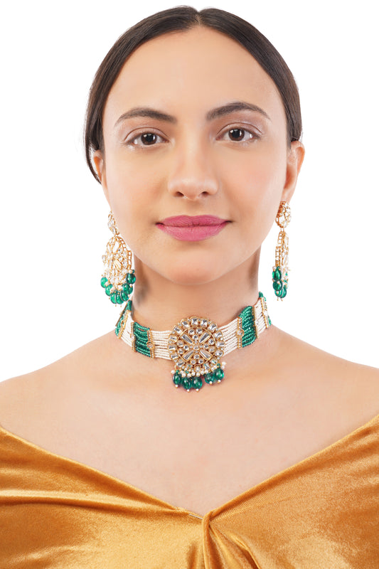 Traditional Green Kundan Necklace And Earrings Set For Women