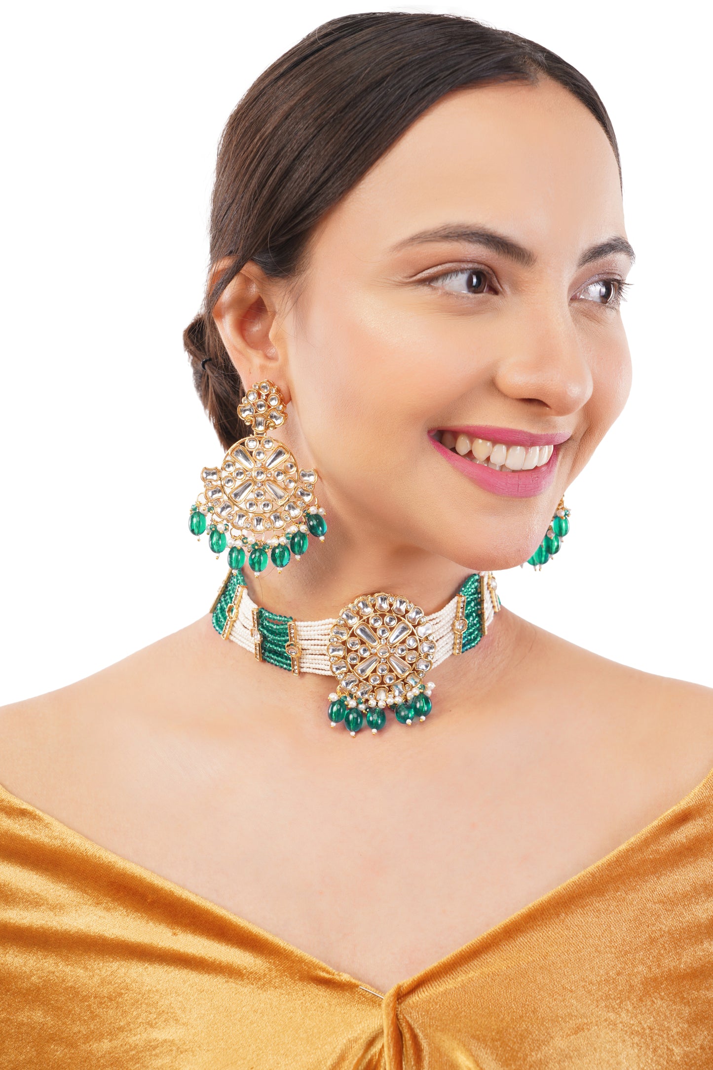Traditional Green Kundan Necklace And Earrings Set For Women