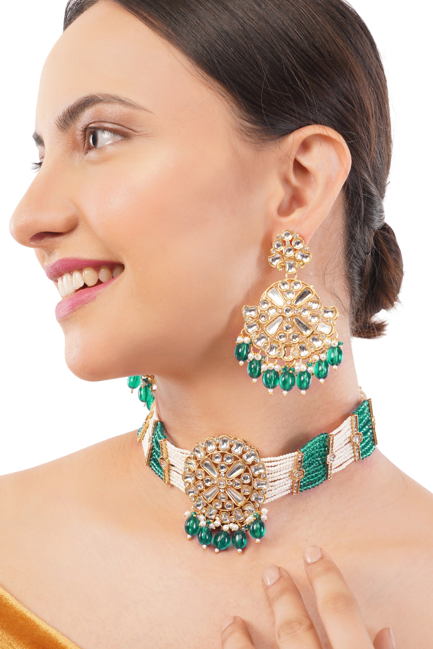 Traditional Green Kundan Necklace And Earrings Set For Women