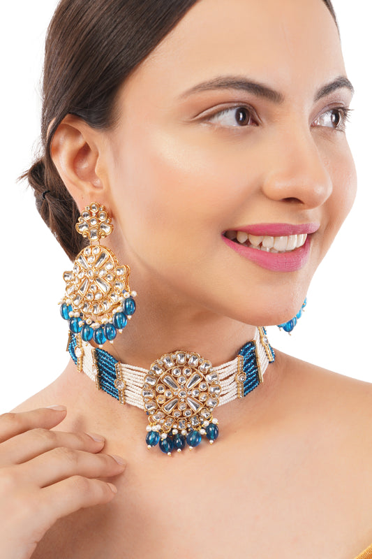 Gold pleated Turquoise Blue Kundan Necklace And Earrings Set