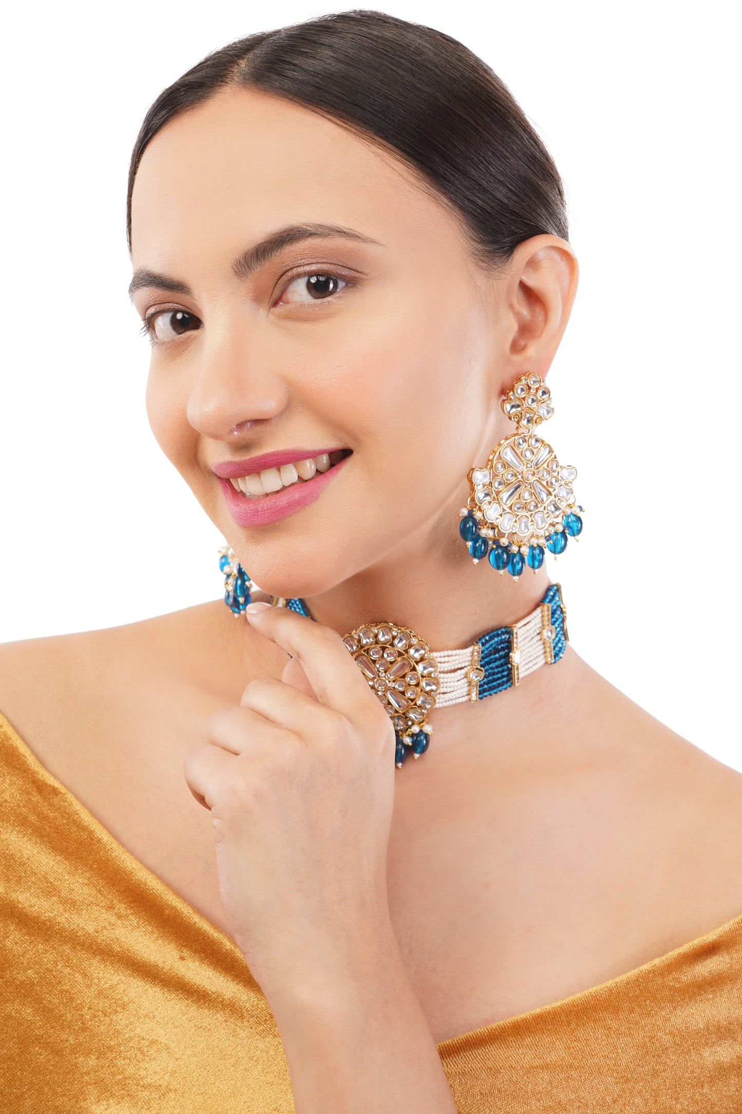Gold pleated Turquoise Blue Kundan Necklace And Earrings Set