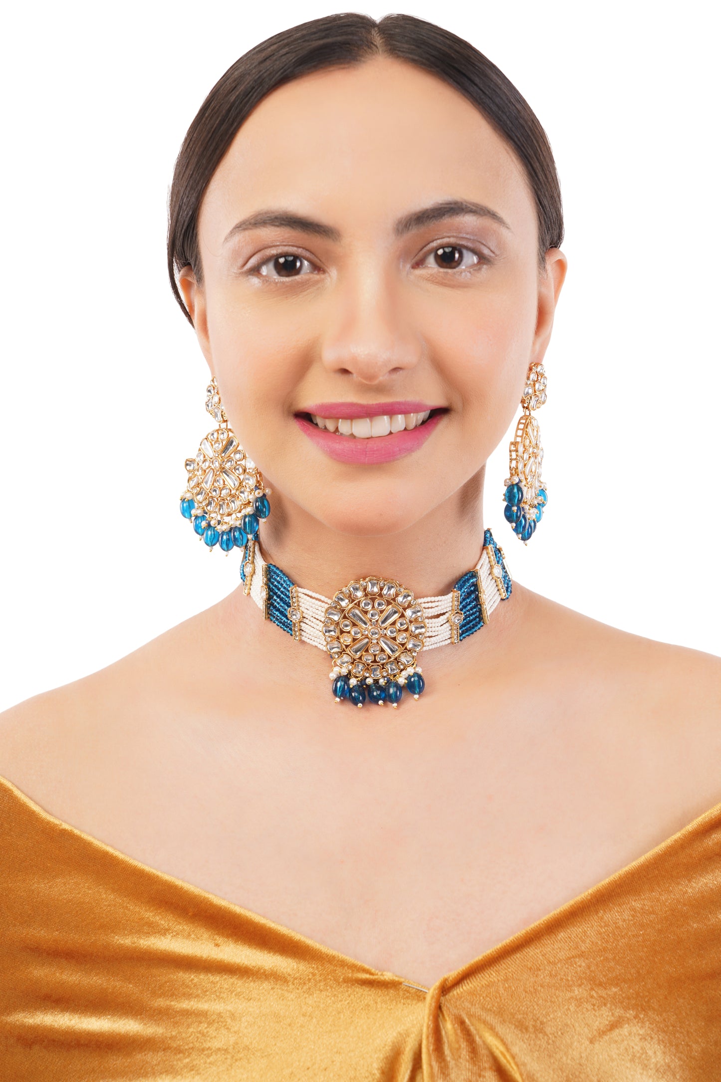Gold pleated Turquoise Blue Kundan Necklace And Earrings Set