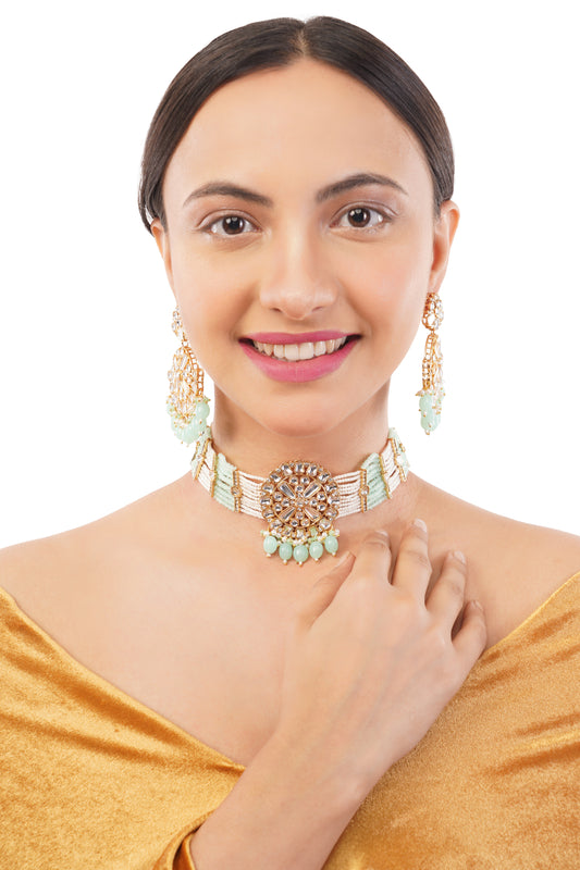Light Green Kundan Necklace And Drop Earrings Set