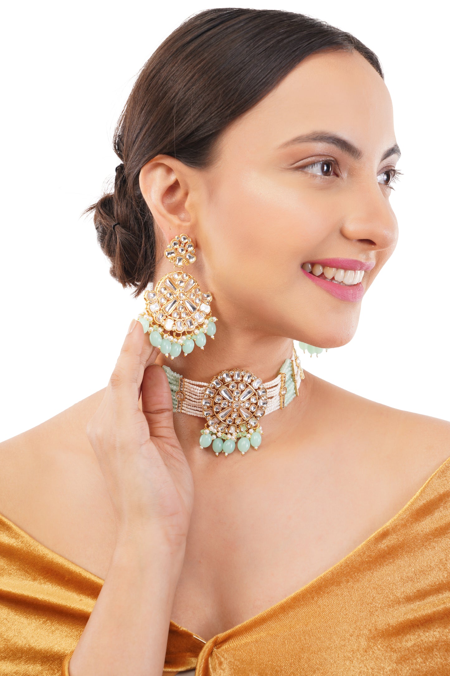 Light Green Kundan Necklace And Drop Earrings Set