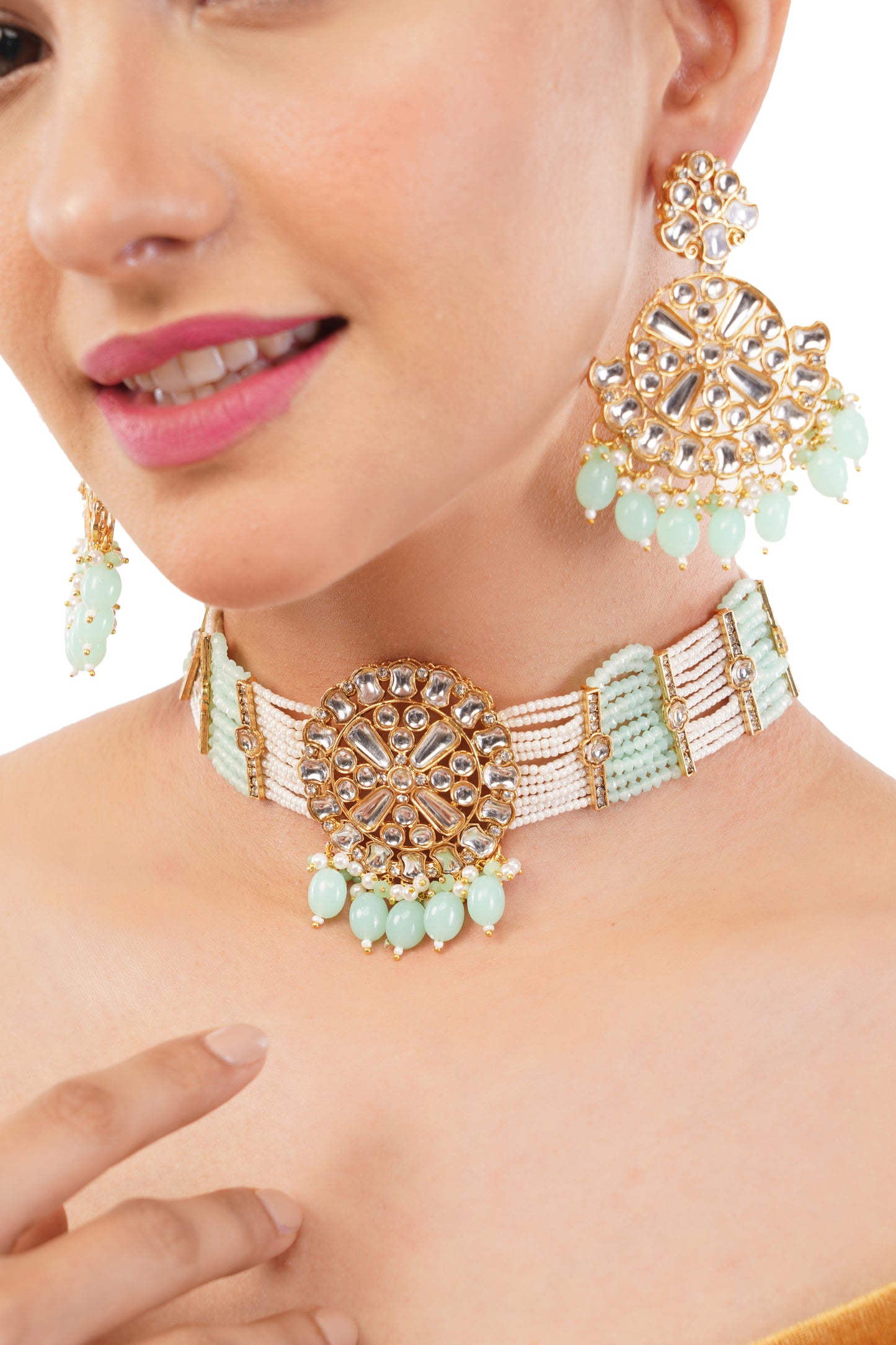 Light Green Kundan Necklace And Drop Earrings Set