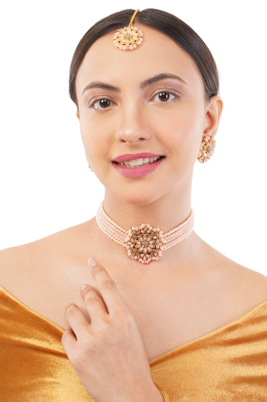 Light Peach Pearl Beadded Jewellery Necklace And Earrings Set