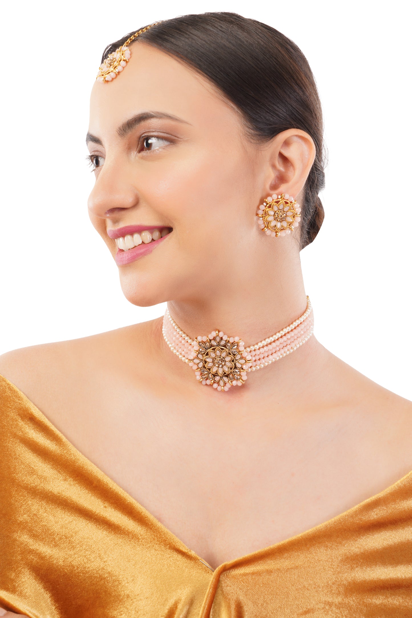 Light Peach Pearl Beadded Jewellery Necklace And Earrings Set