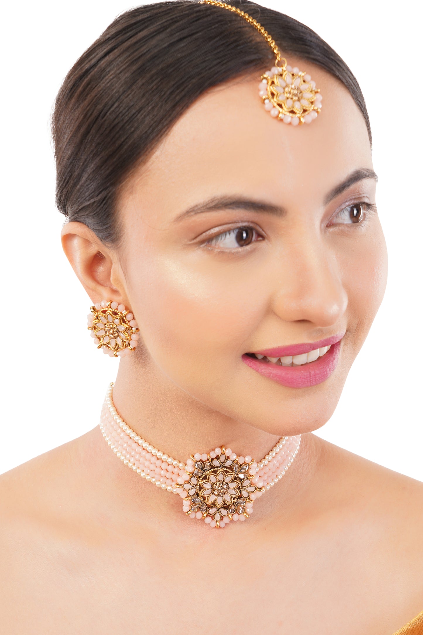 Light Peach Pearl Beadded Jewellery Necklace And Earrings Set