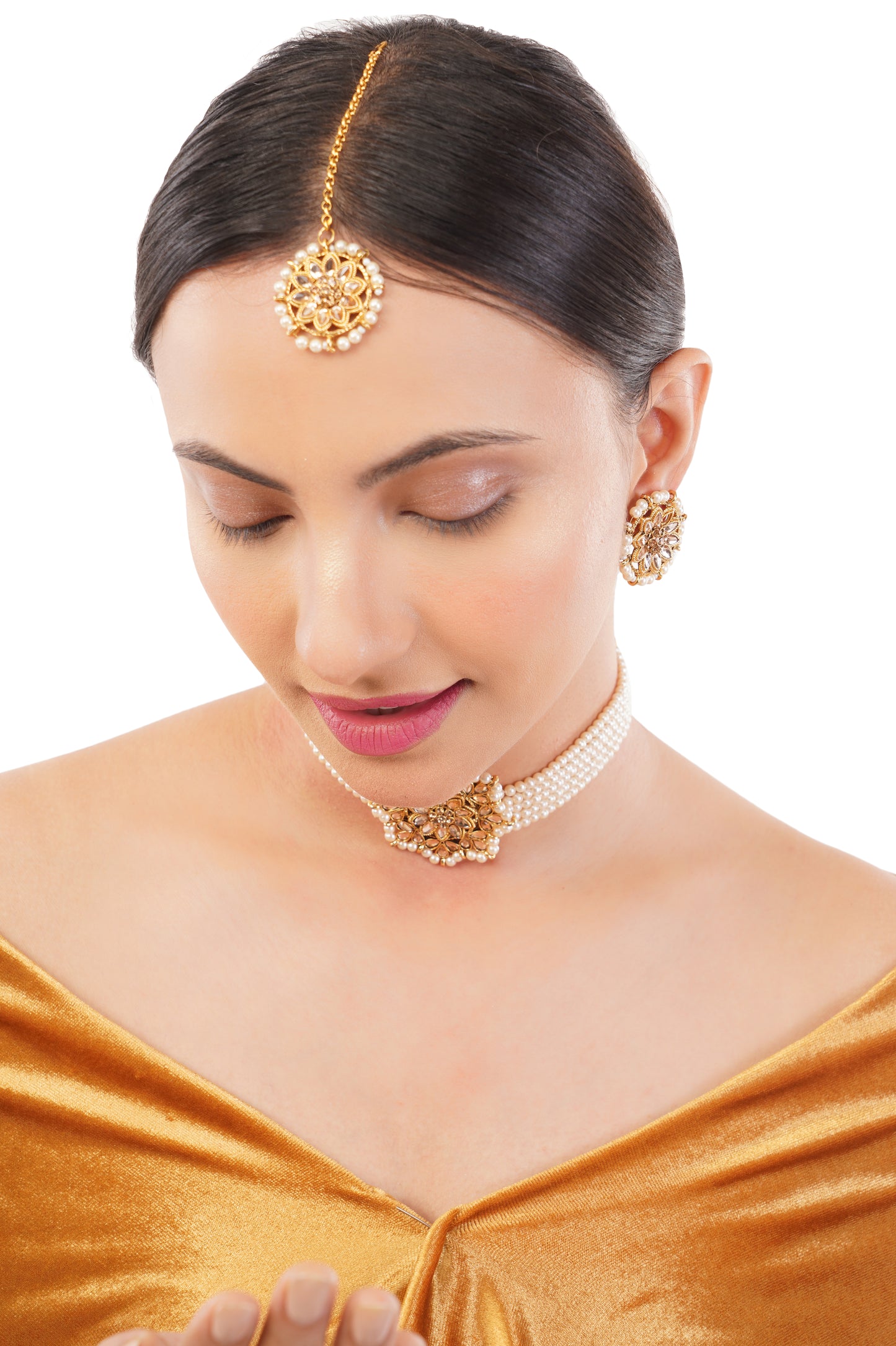 Gold Plated White Pearl beadded Necklace And Earrings For Women
